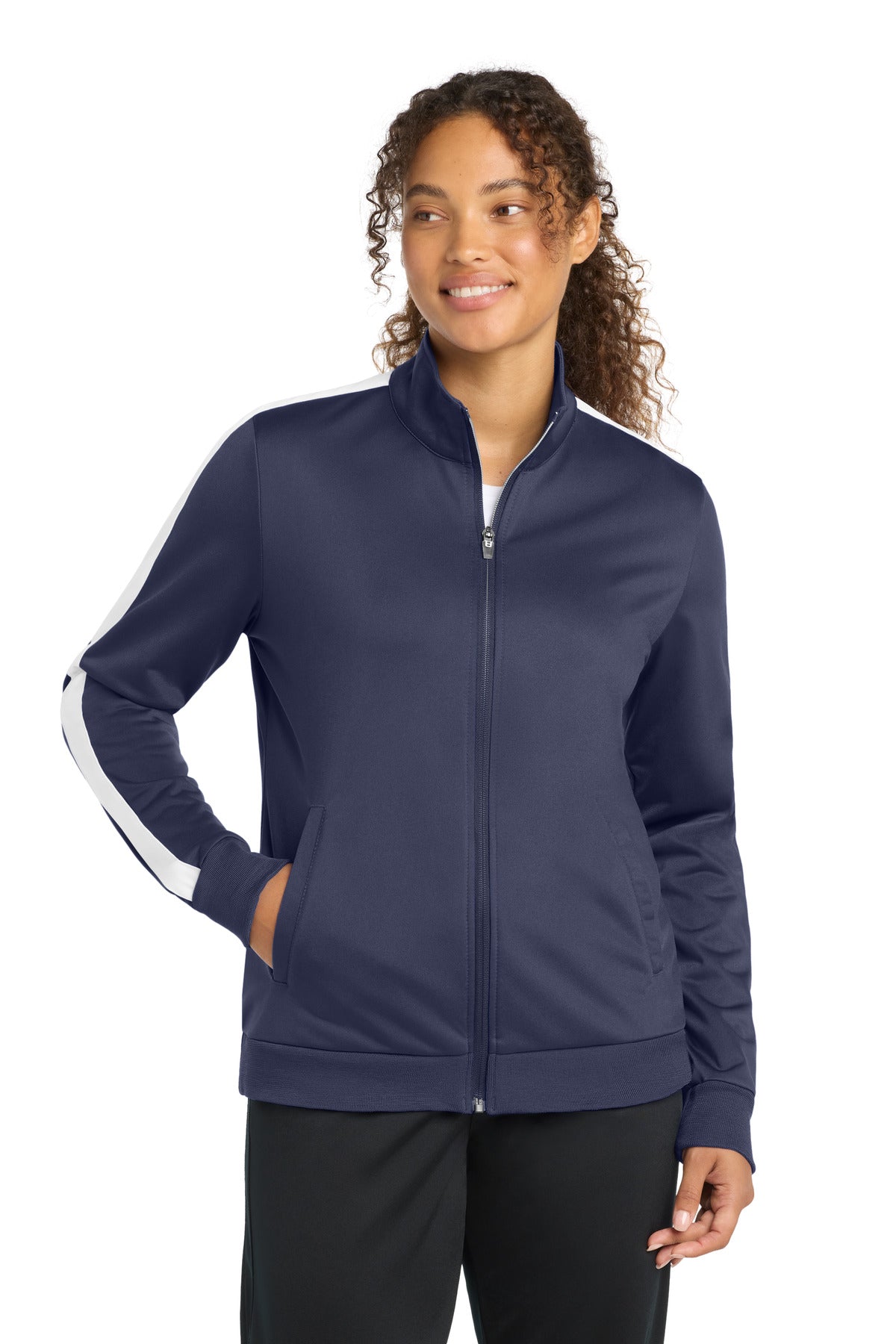 Custom True Navy/ White Tricot Sleeve Stripe Track Jacket LST94, personalized by SanCanDo Swag in Argyle, TX