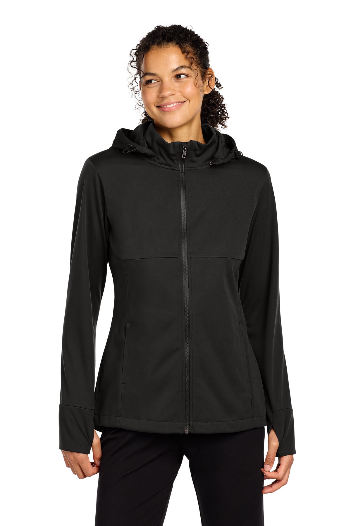 Custom Deep Black Women's Hooded Soft Shell Jacket LST980, personalized by SanCanDo Swag in Argyle, TX