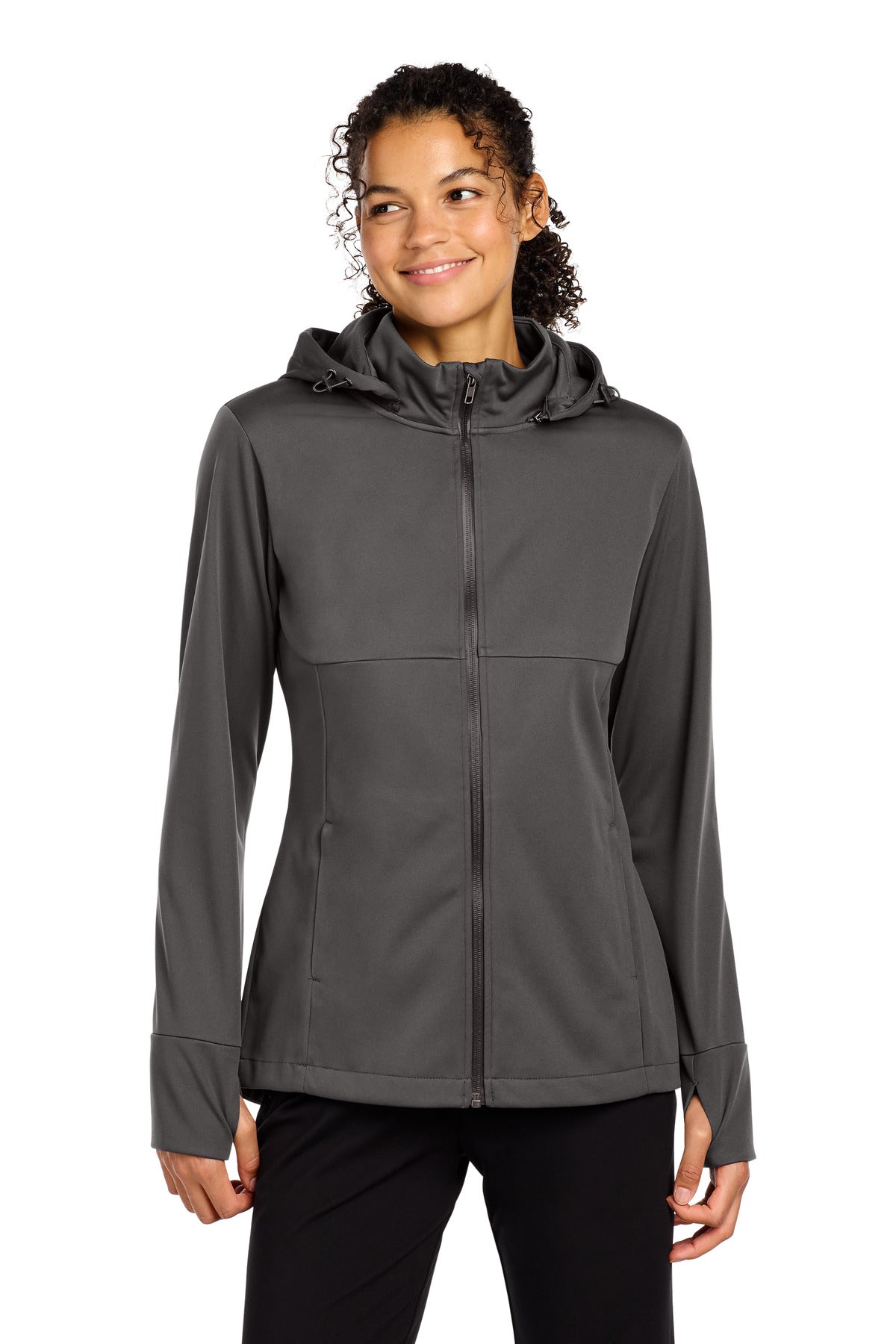 Custom Graphite Women's Hooded Soft Shell Jacket LST980, personalized by SanCanDo Swag in Argyle, TX