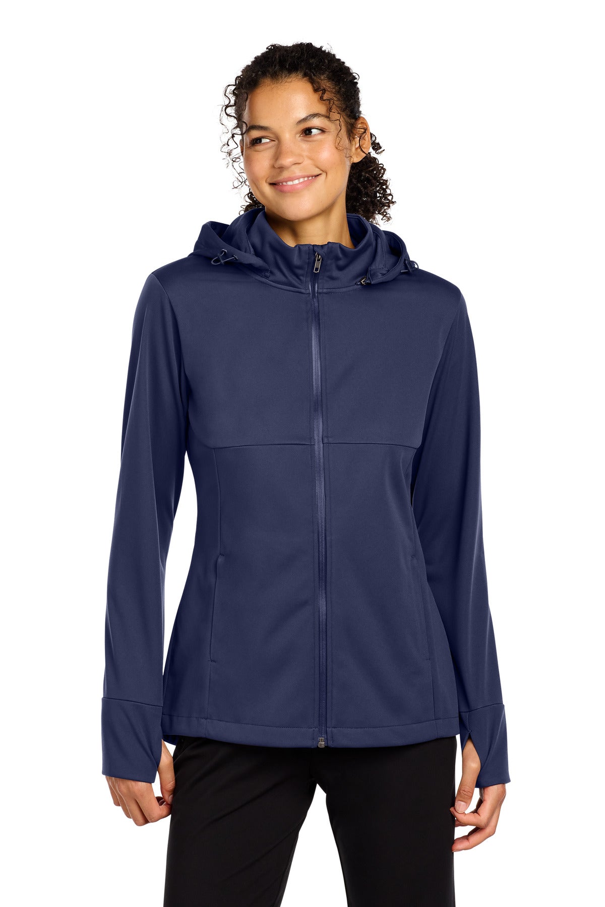 Custom True Navy Women's Hooded Soft Shell Jacket LST980, personalized by SanCanDo Swag in Argyle, TX