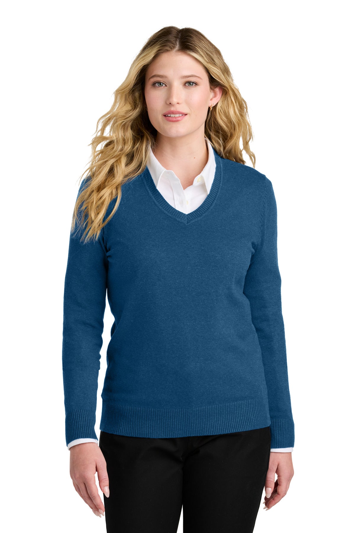 Custom Aegean Blue Heather Women's Easy Care V-Neck Sweater LSW2850, personalized by SanCanDo Swag in Argyle, TX