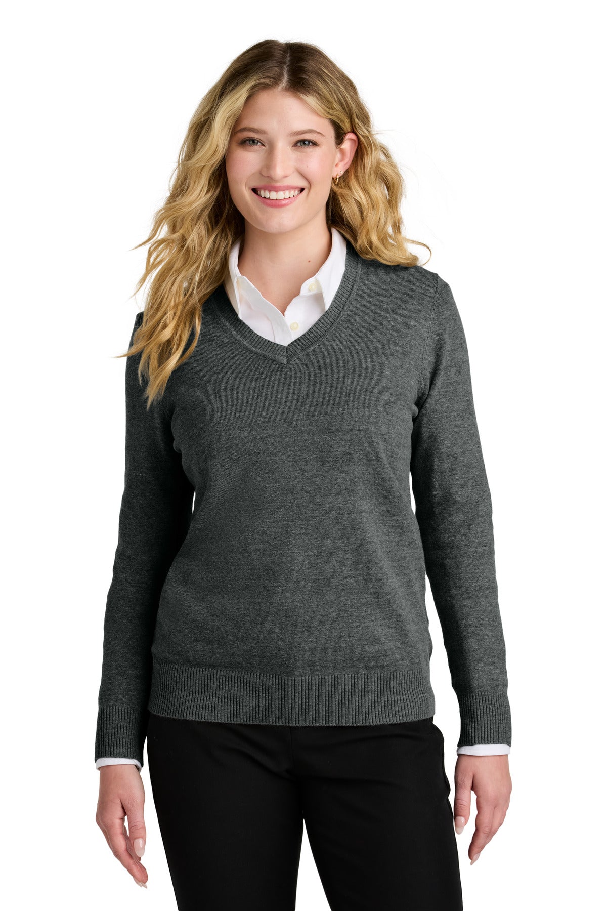 Custom Charcoal Heather Women's Easy Care V-Neck Sweater LSW2850, personalized by SanCanDo Swag in Argyle, TX