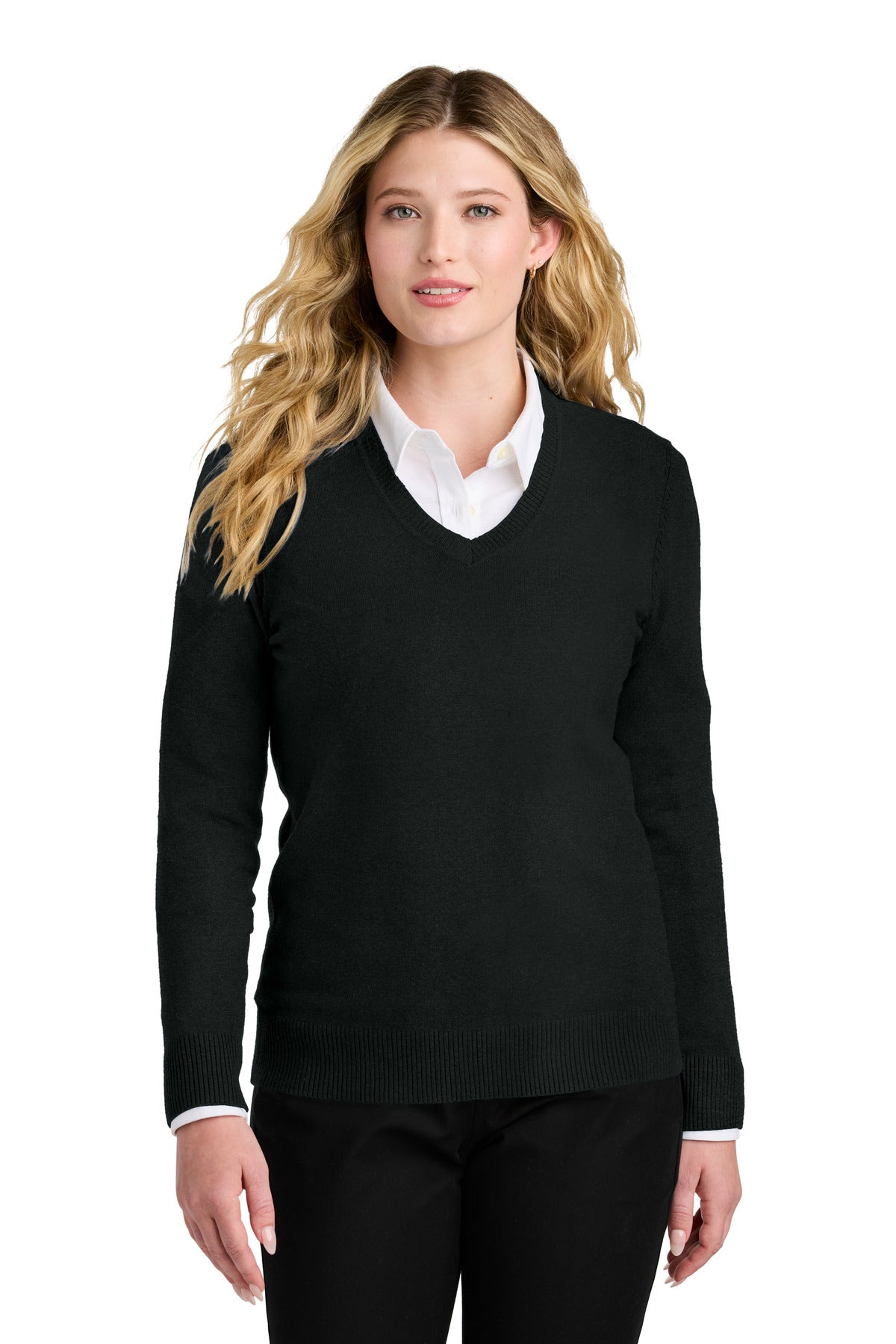 Custom Deep Black Women's Easy Care V-Neck Sweater LSW2850, personalized by SanCanDo Swag in Argyle, TX