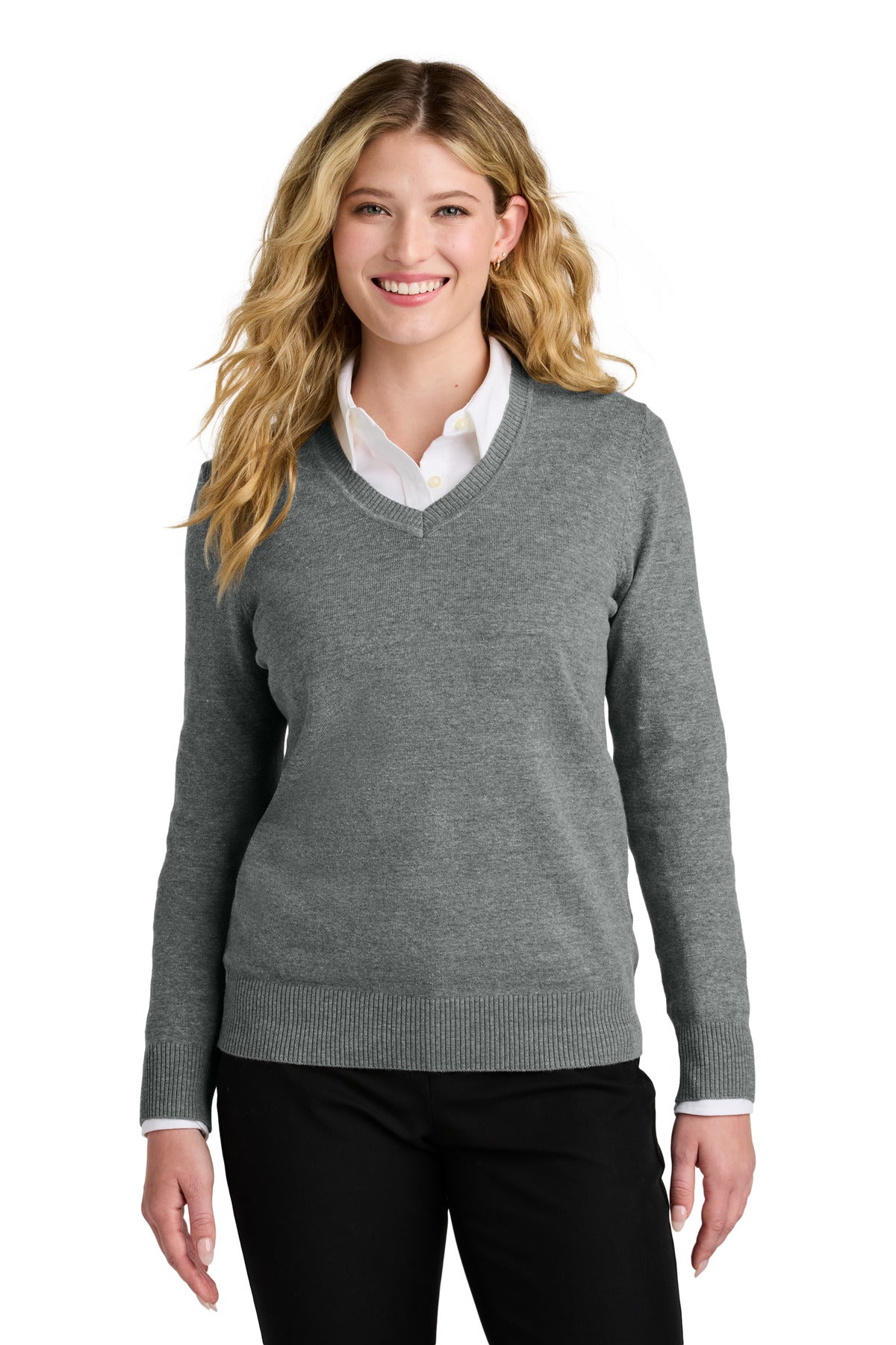 Custom Medium Heather Grey Women's Easy Care V-Neck Sweater LSW2850, personalized by SanCanDo Swag in Argyle, TX