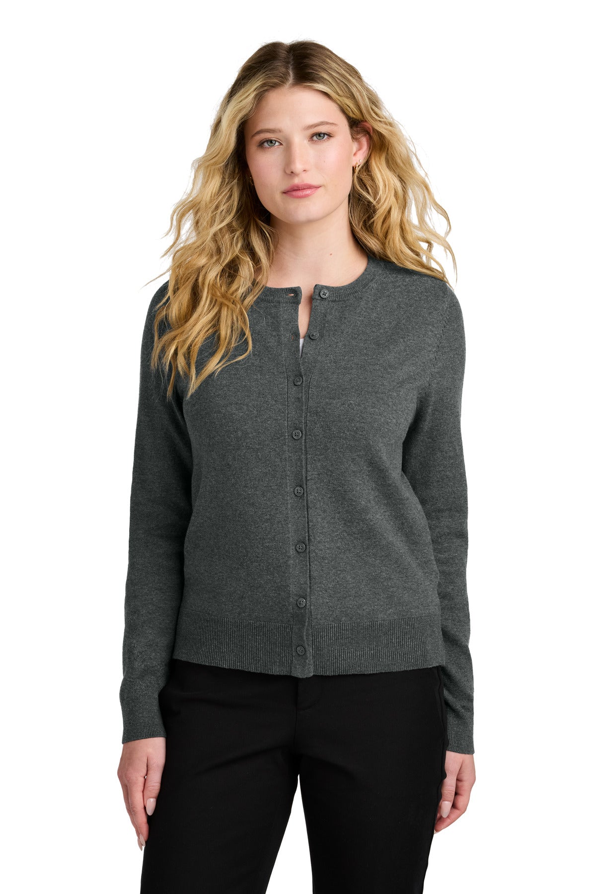 Custom Charcoal Heather Easy Care Crewneck Cardigan Sweater LSW2870, personalized by SanCanDo Swag in Argyle, TX