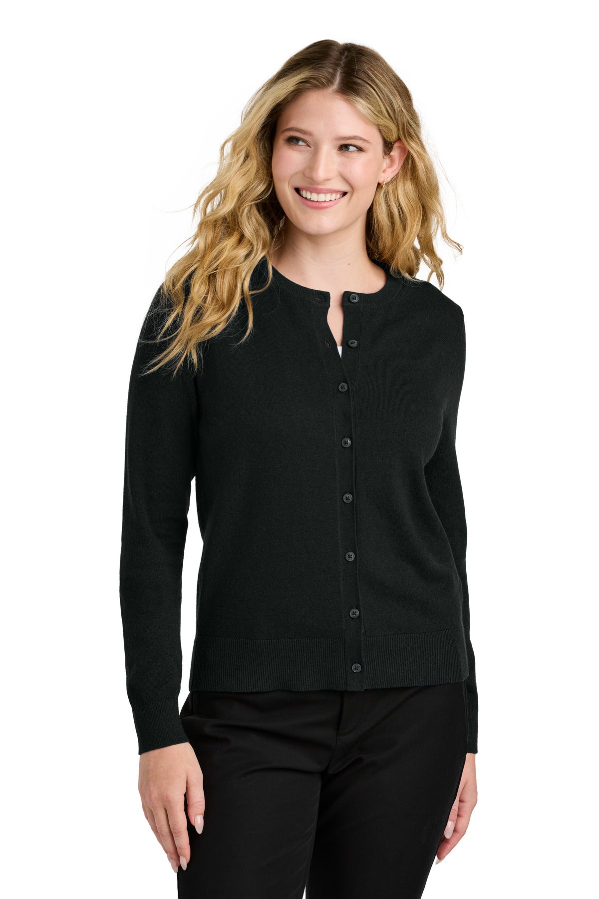Custom Deep Black Easy Care Crewneck Cardigan Sweater LSW2870, personalized by SanCanDo Swag in Argyle, TX