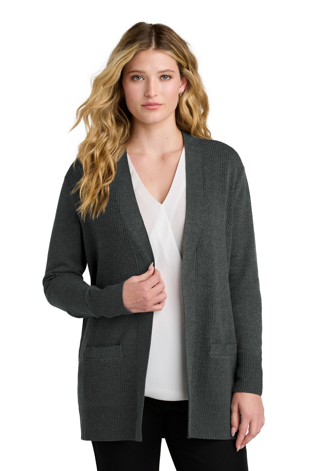 Custom Charcoal Heather Easy Care Open-Front Cardigan Sweater LSW2890, personalized by SanCanDo Swag in Argyle, TX