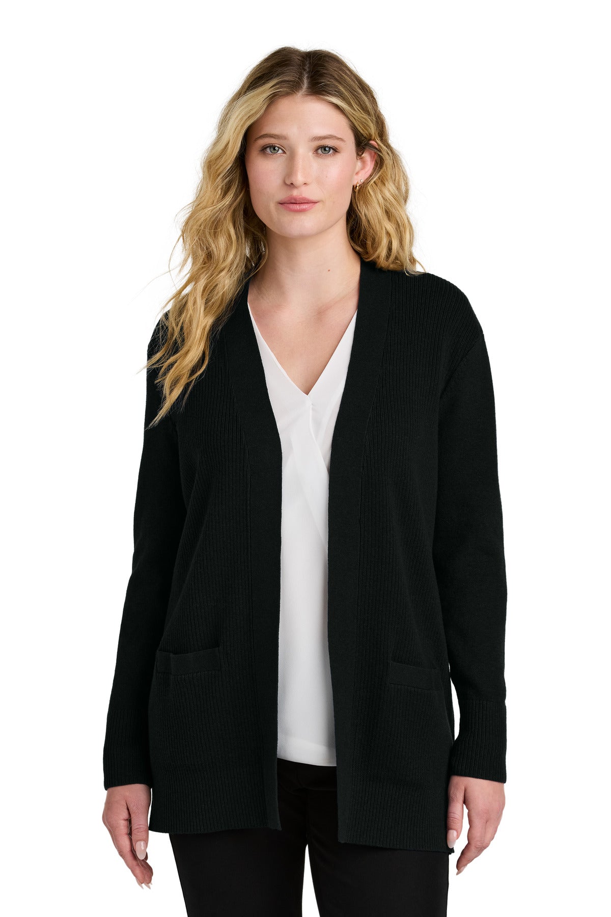 Custom Deep Black Easy Care Open-Front Cardigan Sweater LSW2890, personalized by SanCanDo Swag in Argyle, TX