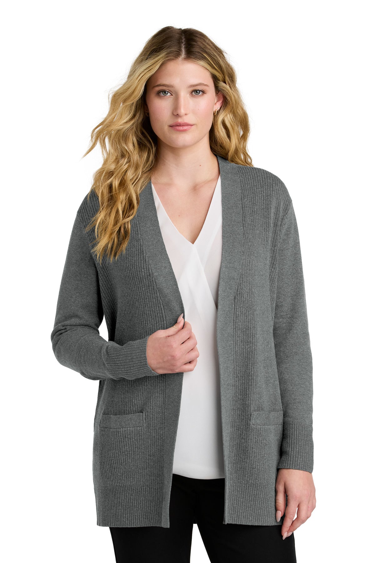 Custom Medium Heather Grey Easy Care Open-Front Cardigan Sweater LSW2890, personalized by SanCanDo Swag in Argyle, TX