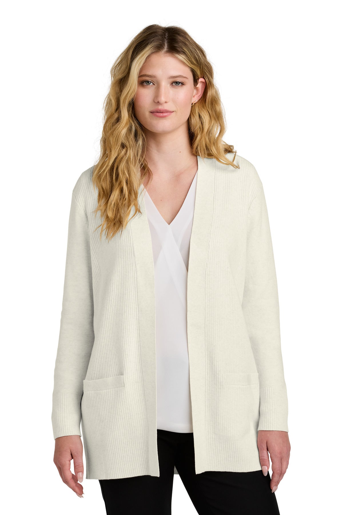 Custom Oatmeal Heather Easy Care Open-Front Cardigan Sweater LSW2890, personalized by SanCanDo Swag in Argyle, TX