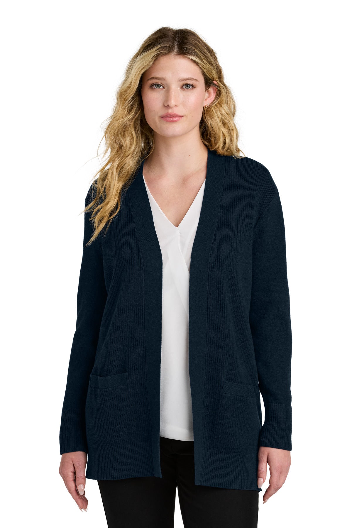Custom River Blue Navy Easy Care Open-Front Cardigan Sweater LSW2890, personalized by SanCanDo Swag in Argyle, TX