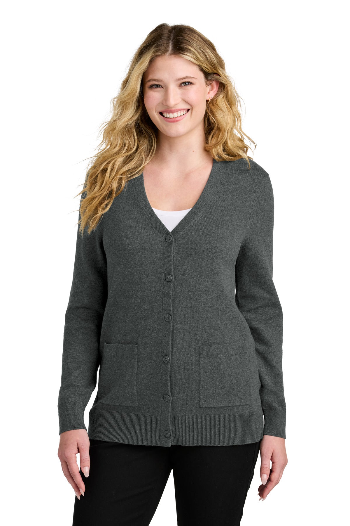Custom Charcoal Heather Easy Care Button-Up Cardigan Sweater LSW4150, personalized by SanCanDo Swag in Argyle, TX