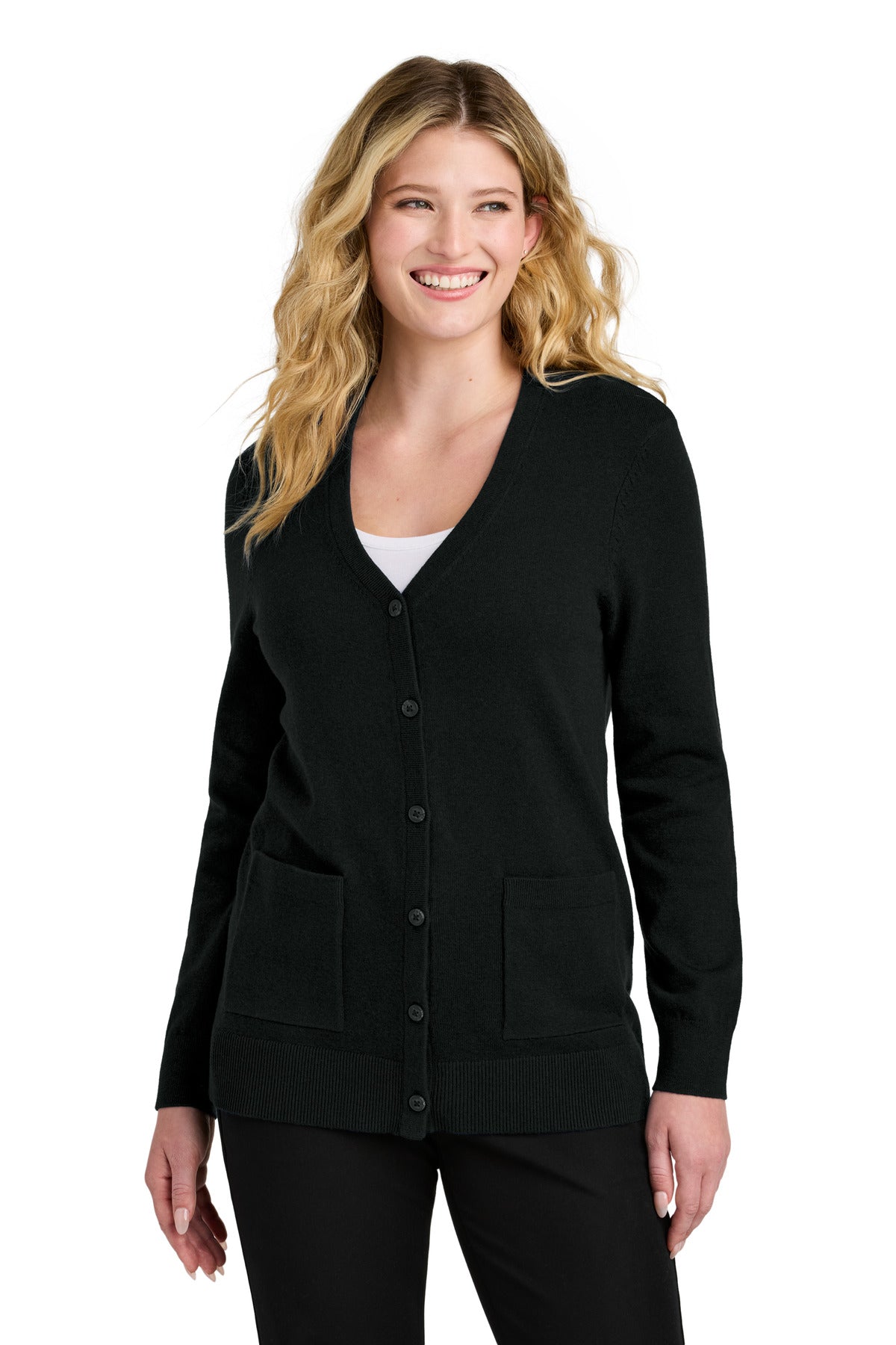 Custom Deep Black Easy Care Button-Up Cardigan Sweater LSW4150, personalized by SanCanDo Swag in Argyle, TX