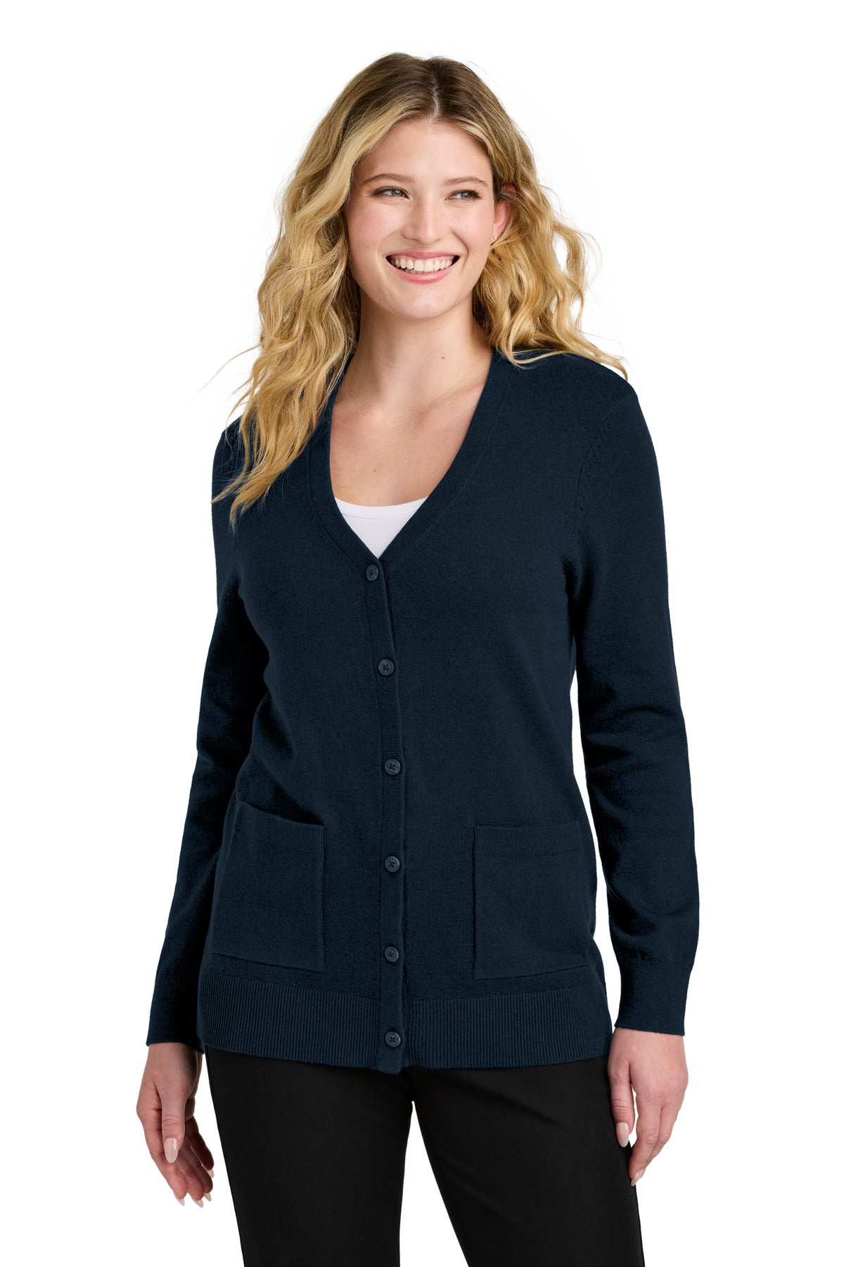 Custom River Blue Navy Easy Care Button-Up Cardigan Sweater LSW4150, personalized by SanCanDo Swag in Argyle, TX