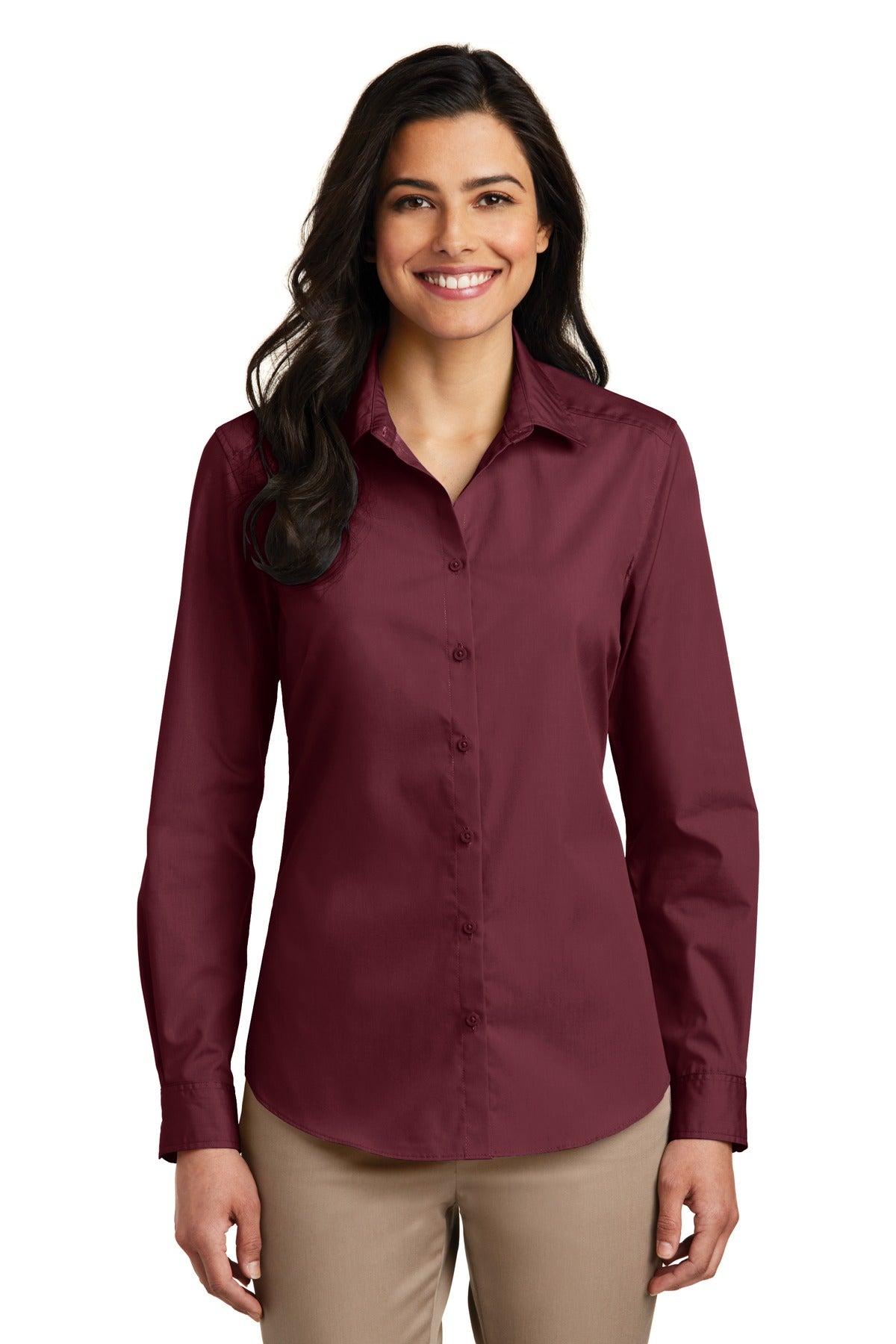 Custom Burgundy Long Sleeve Carefree Poplin Shirt LW100, personalized by SanCanDo Swag in Argyle, TX
