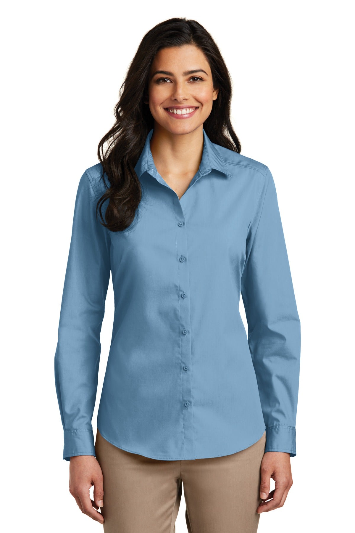Custom Carolina Blue Long Sleeve Carefree Poplin Shirt LW100, personalized by SanCanDo Swag in Argyle, TX