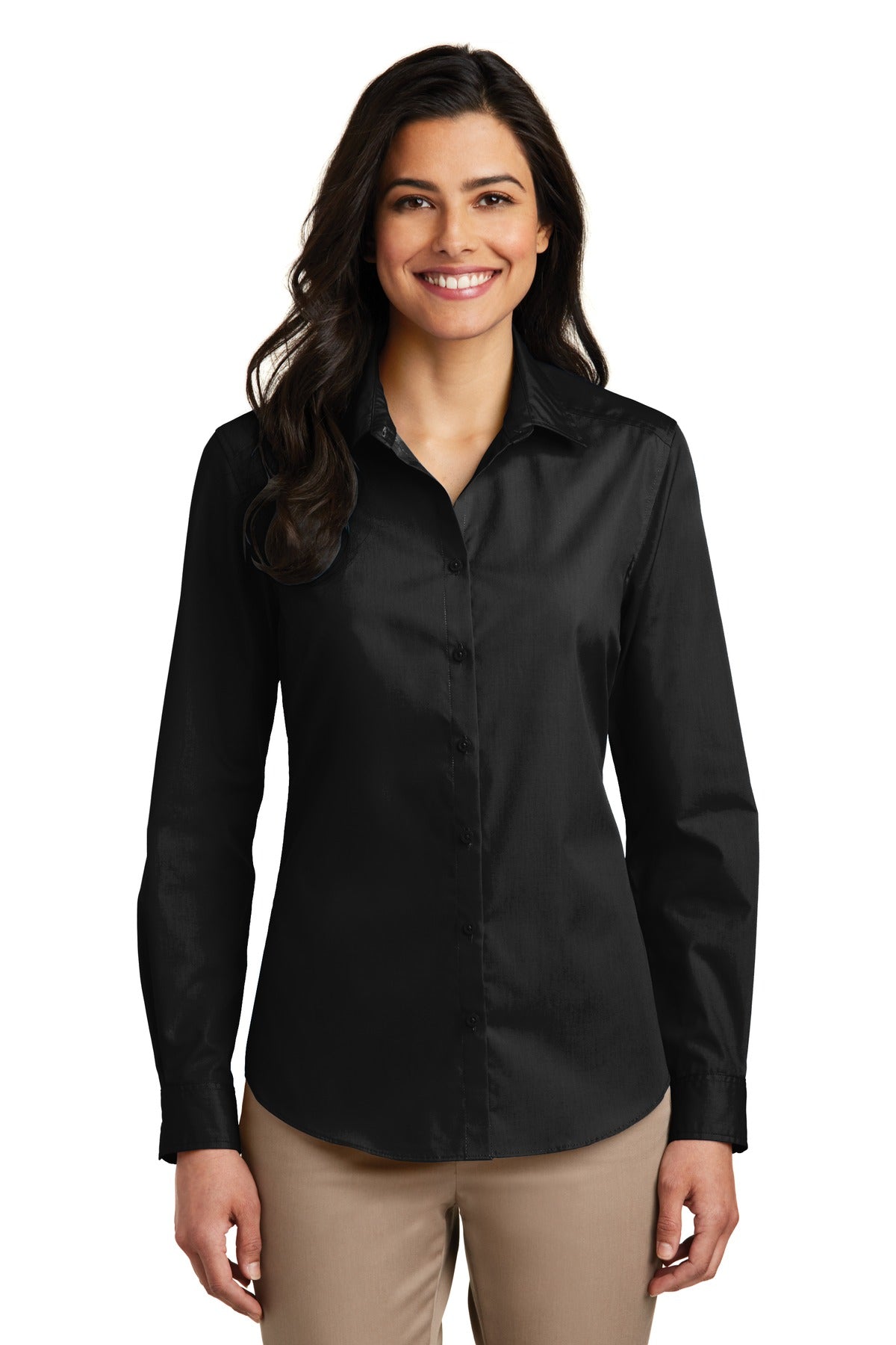 Custom Deep Black Long Sleeve Carefree Poplin Shirt LW100, personalized by SanCanDo Swag in Argyle, TX
