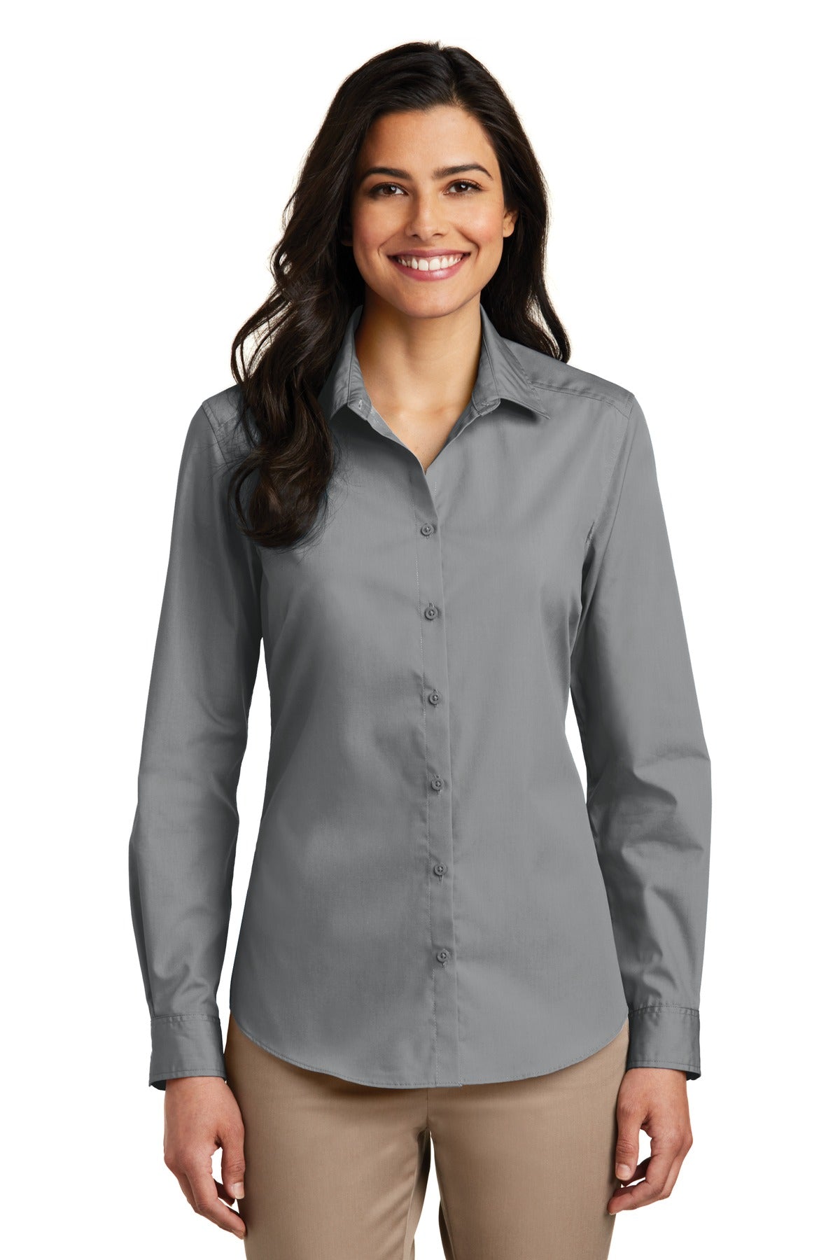 Custom Gusty Grey Long Sleeve Carefree Poplin Shirt LW100, personalized by SanCanDo Swag in Argyle, TX