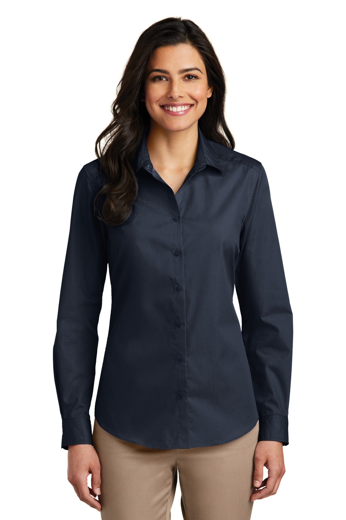 Custom River Blue Navy Long Sleeve Carefree Poplin Shirt LW100, personalized by SanCanDo Swag in Argyle, TX