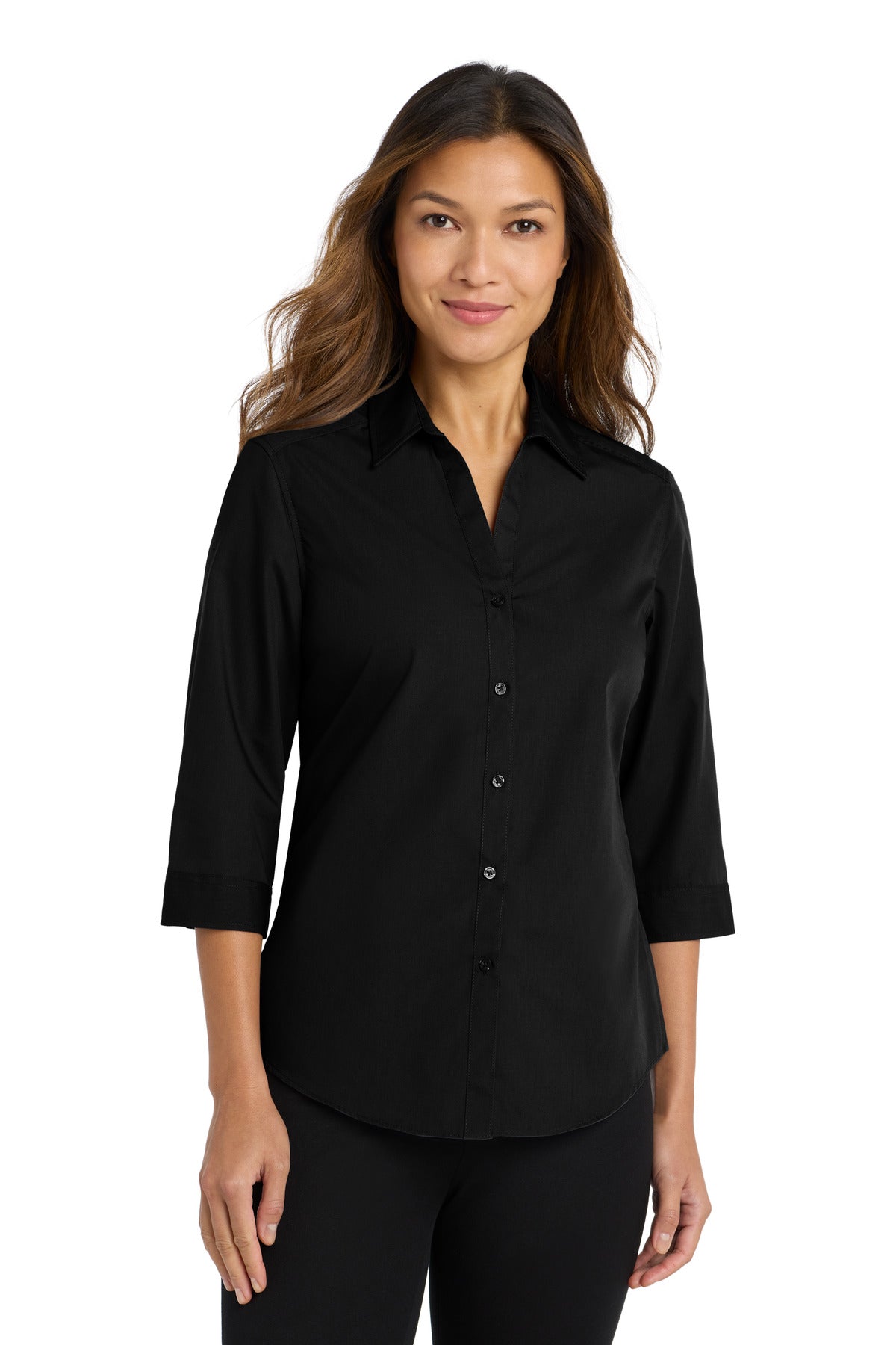 Custom Deep Black Women's 3/4-Sleeve Carefree Poplin Shirt LW102, personalized by SanCanDo Swag in Argyle, TX