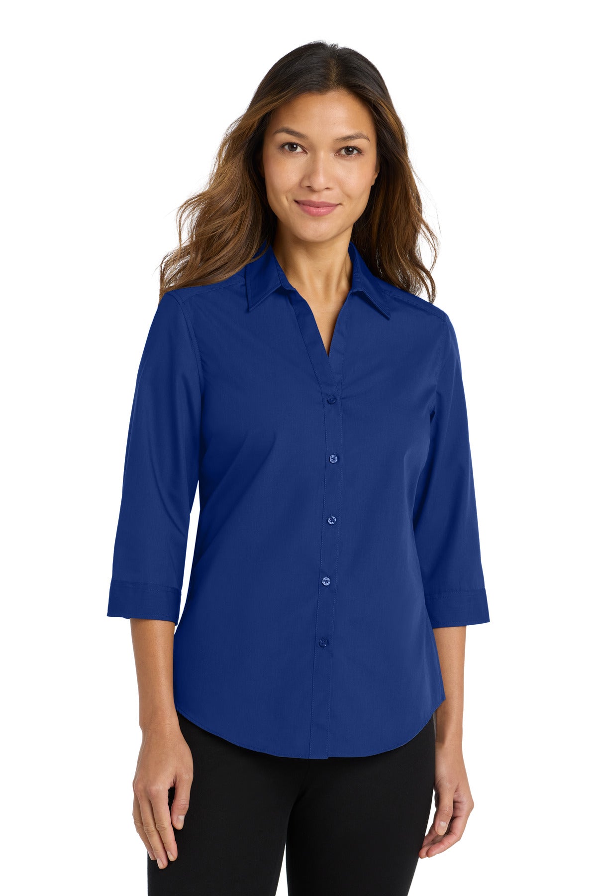 Custom True Royal Women's 3/4-Sleeve Carefree Poplin Shirt LW102, personalized by SanCanDo Swag in Argyle, TX