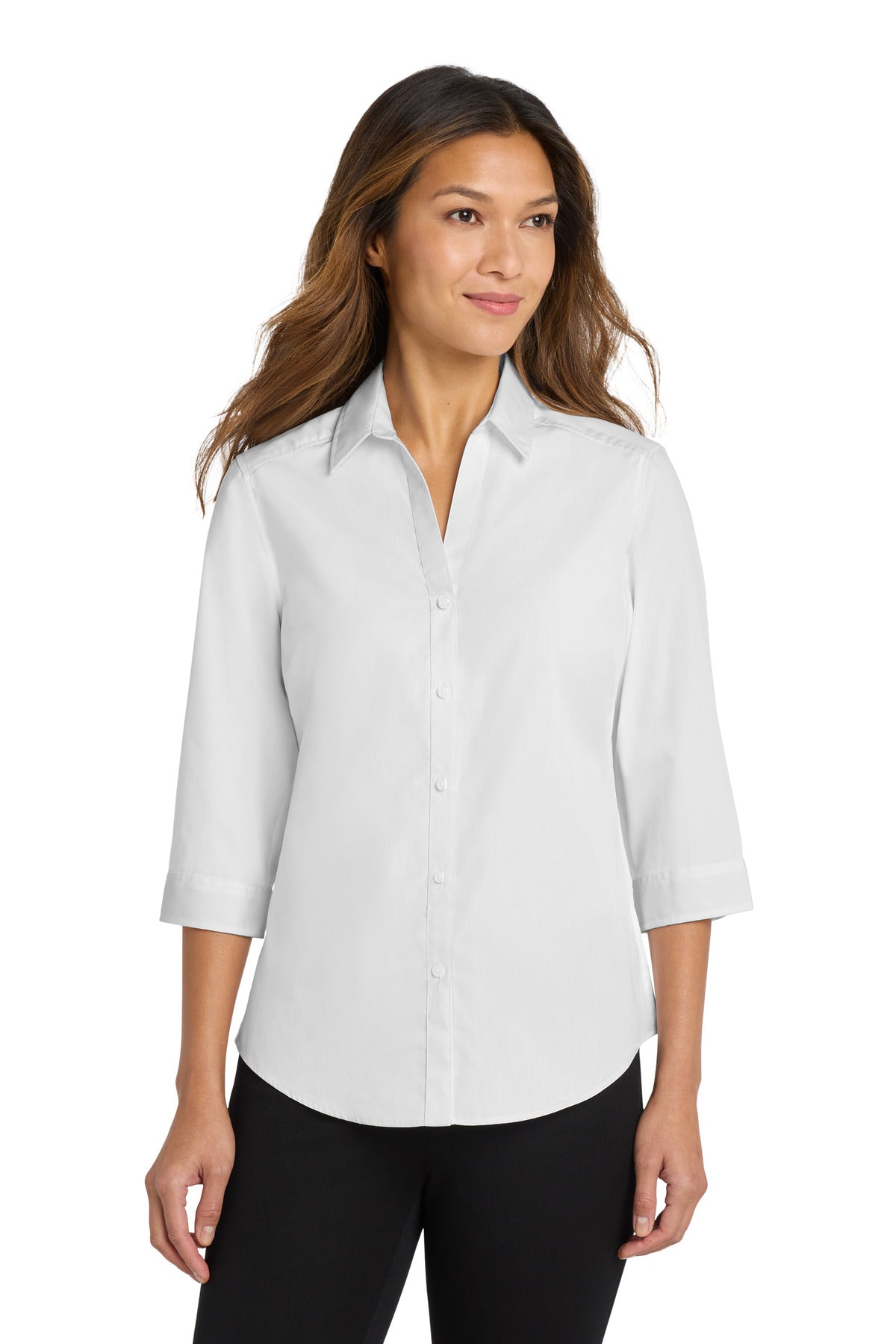 Custom White Women's 3/4-Sleeve Carefree Poplin Shirt LW102, personalized by SanCanDo Swag in Argyle, TX