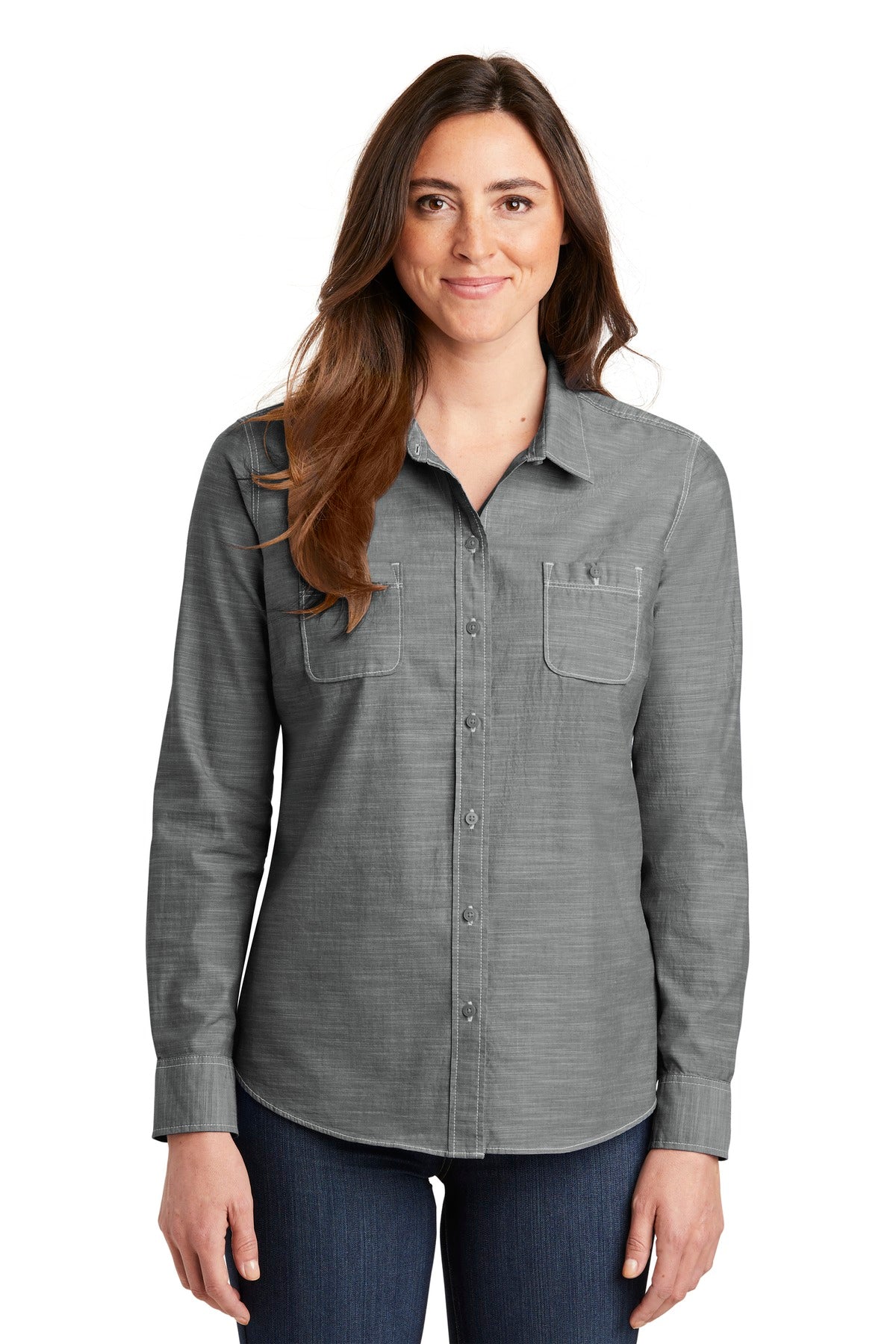 Custom Grey Women's Slub Chambray Shirt LW380, personalized by SanCanDo Swag in Argyle, TX