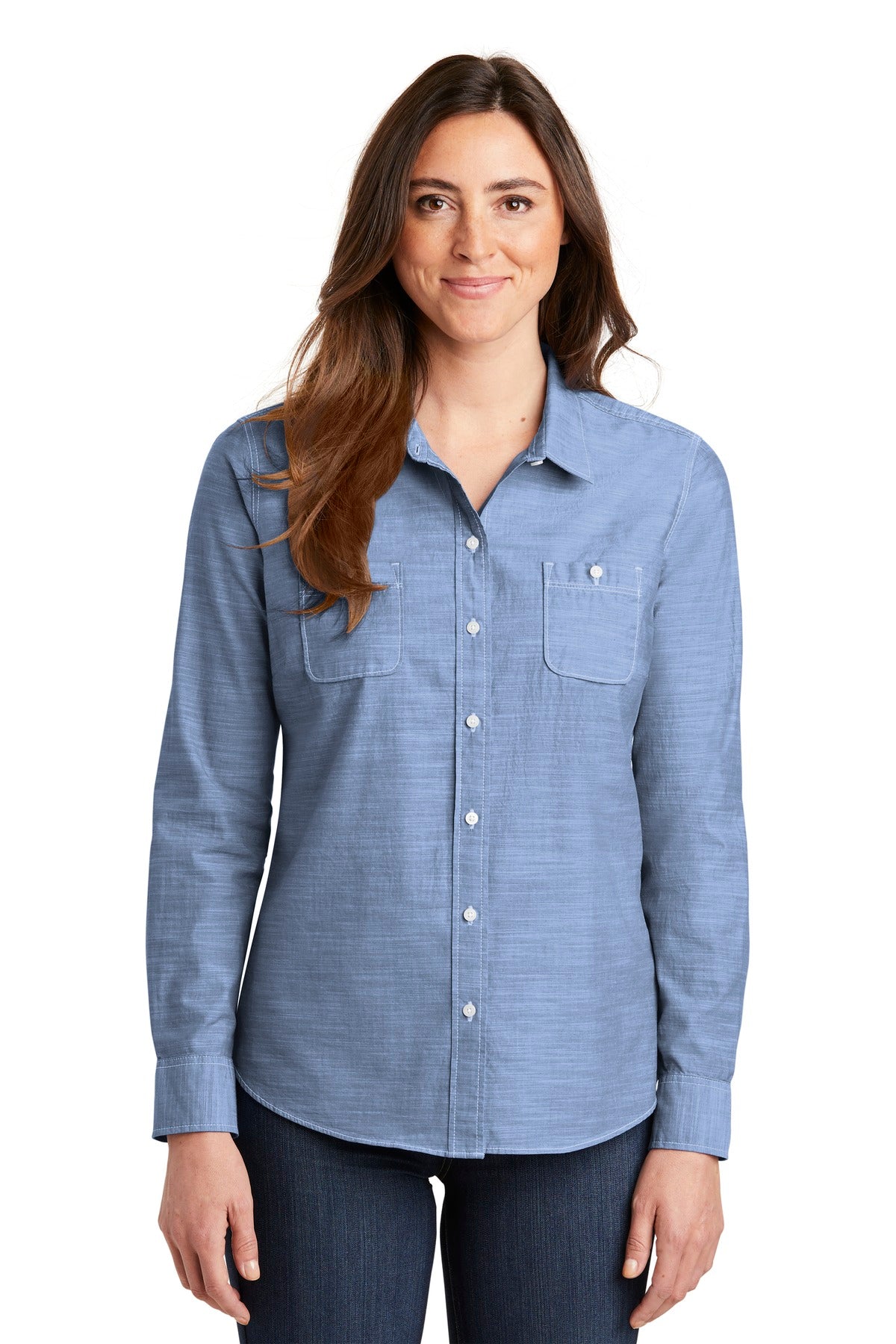 Custom Light Blue Women's Slub Chambray Shirt LW380, personalized by SanCanDo Swag in Argyle, TX