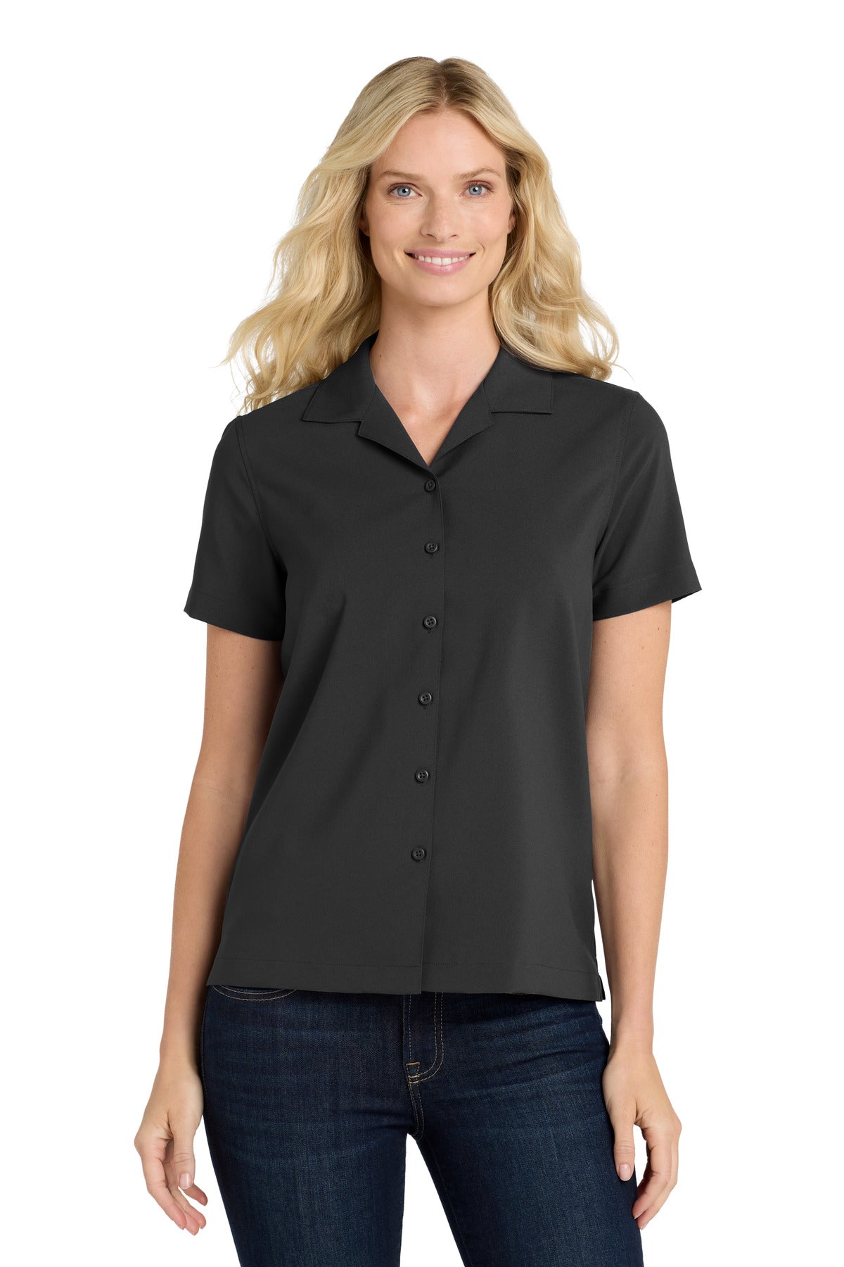 Custom Black Short Sleeve Performance Staff Shirt LW400, personalized by SanCanDo Swag in Argyle, TX
