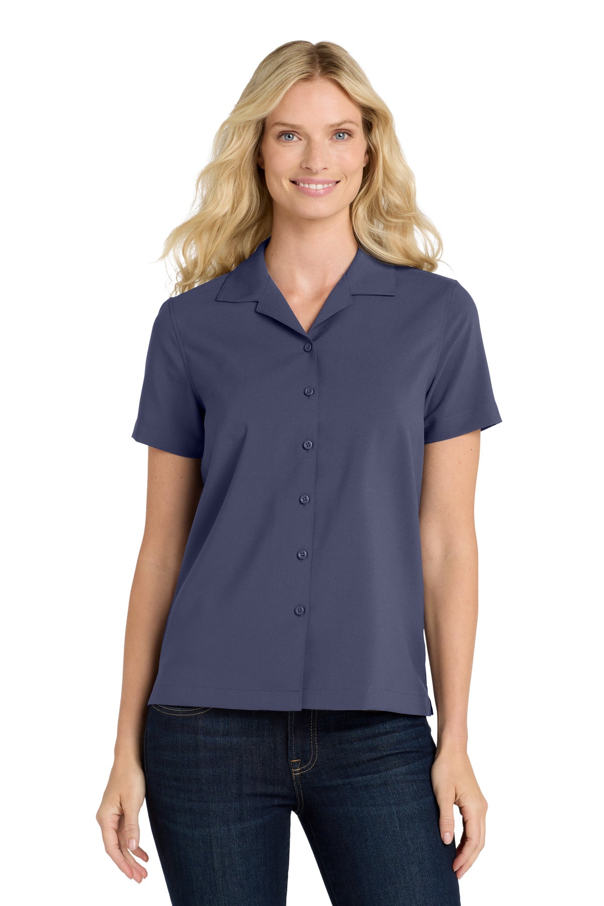 Custom True Navy Short Sleeve Performance Staff Shirt LW400, personalized by SanCanDo Swag in Argyle, TX