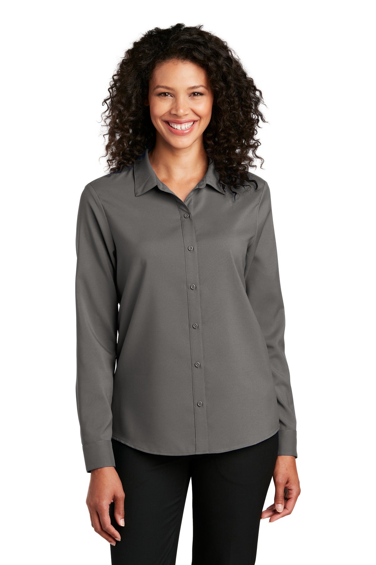 Custom Graphite Long Sleeve Performance Staff Shirt LW401, personalized by SanCanDo Swag in Argyle, TX