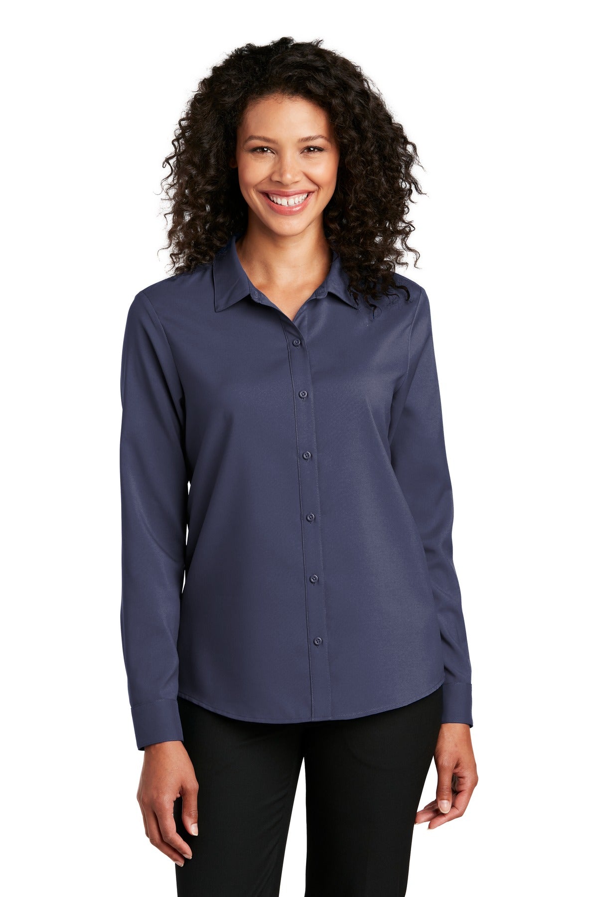 Custom True Navy Long Sleeve Performance Staff Shirt LW401, personalized by SanCanDo Swag in Argyle, TX