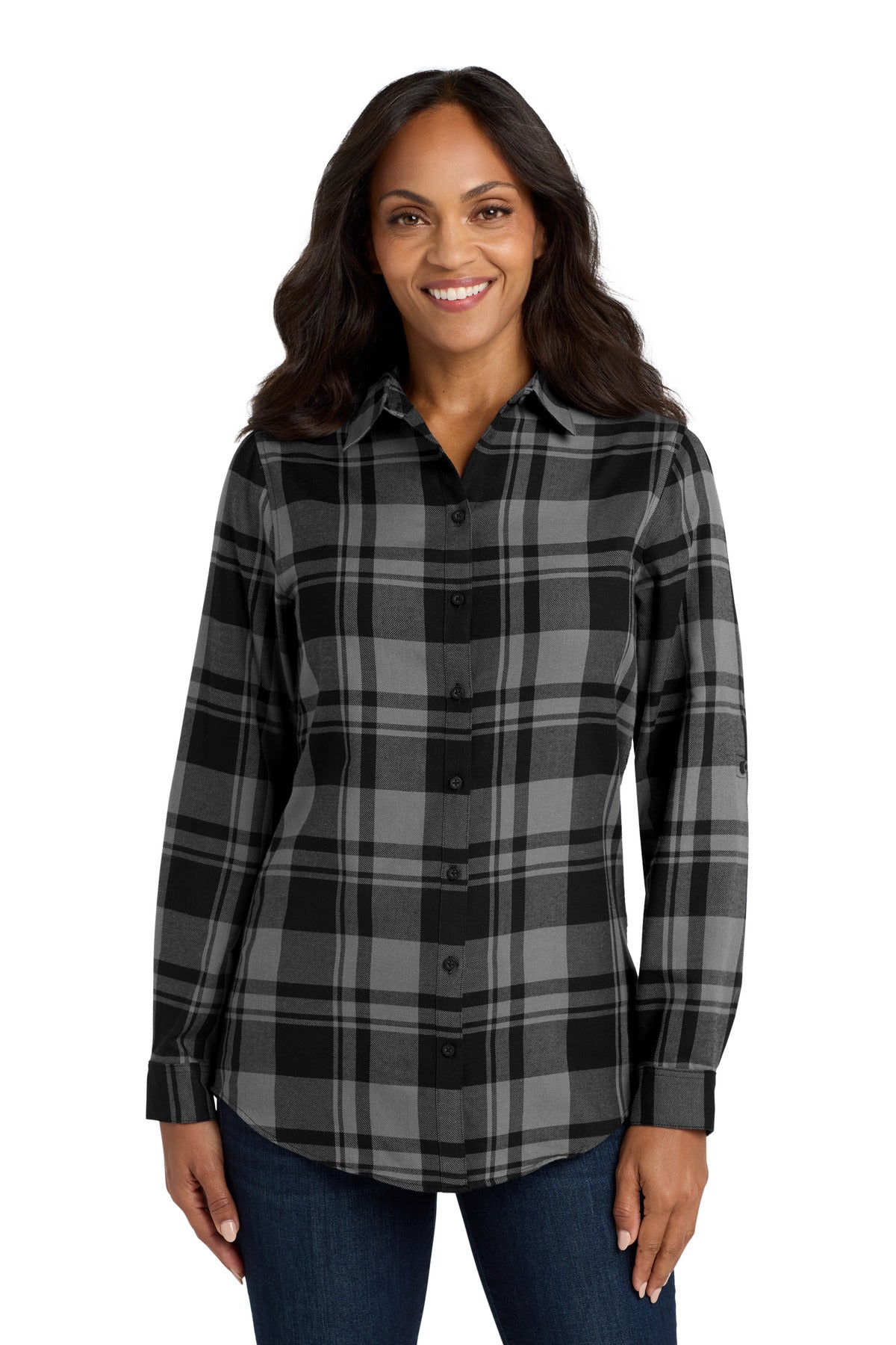 Custom Grey/ Black Women's Plaid Flannel Tunic LW668, personalized by SanCanDo Swag in Argyle, TX