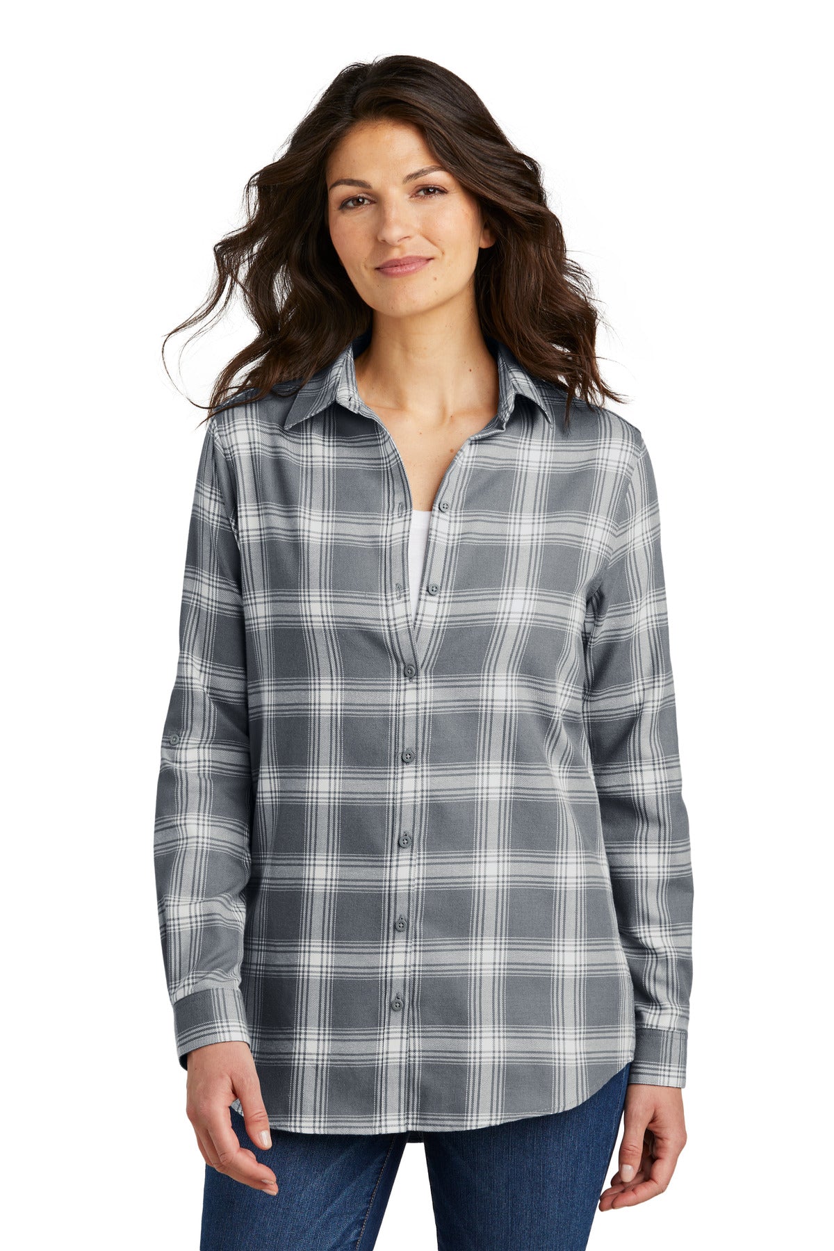 Custom Grey/ Cream Open Plaid Women's Plaid Flannel Tunic LW668, personalized by SanCanDo Swag in Argyle, TX