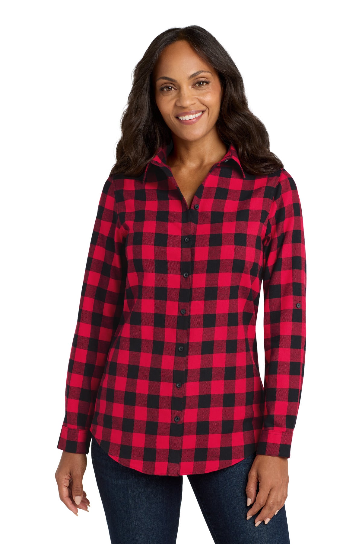 Custom Red/ Black Buffalo Check Women's Plaid Flannel Tunic LW668, personalized by SanCanDo Swag in Argyle, TX