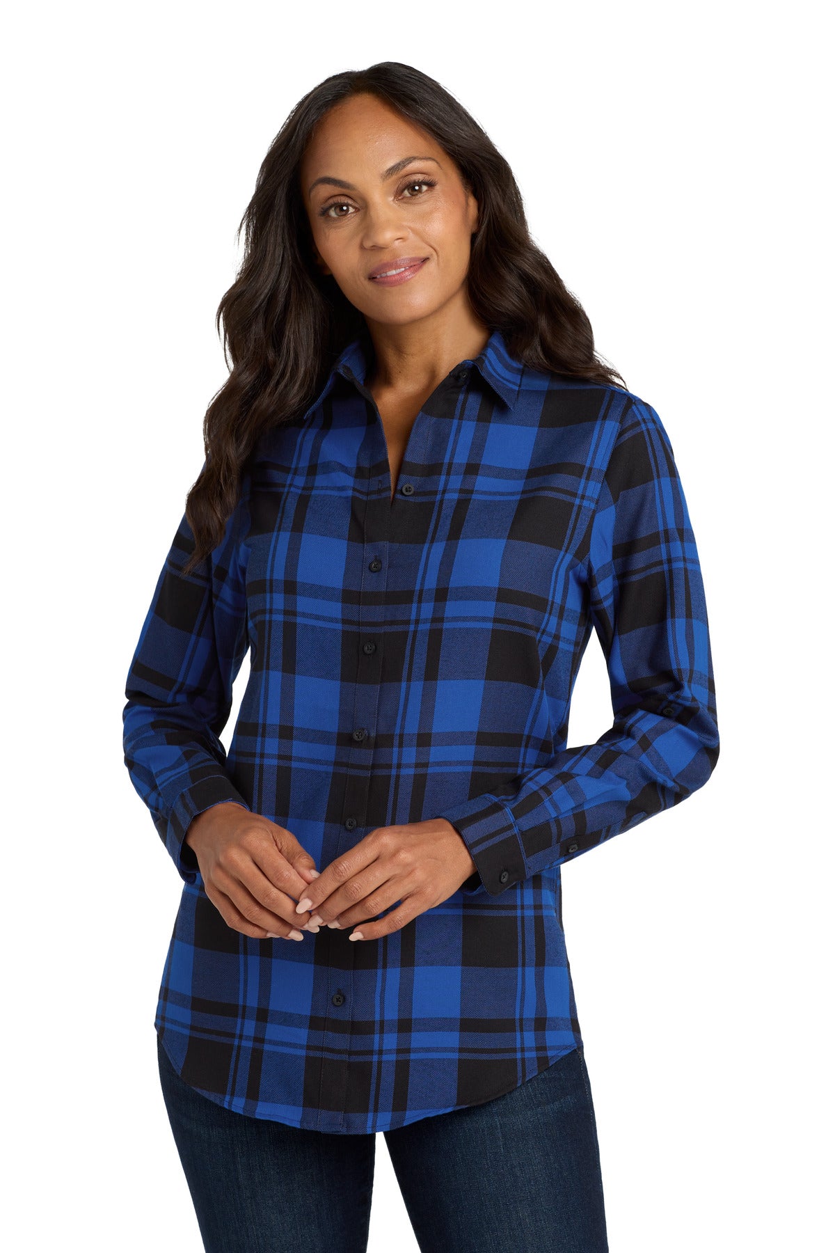 Custom Royal/ Black Women's Plaid Flannel Tunic LW668, personalized by SanCanDo Swag in Argyle, TX
