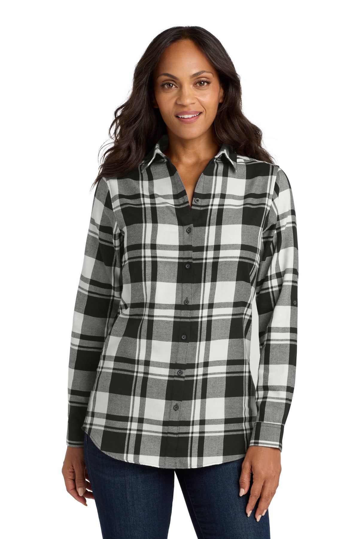 Custom Snow White/ Black Women's Plaid Flannel Tunic LW668, personalized by SanCanDo Swag in Argyle, TX