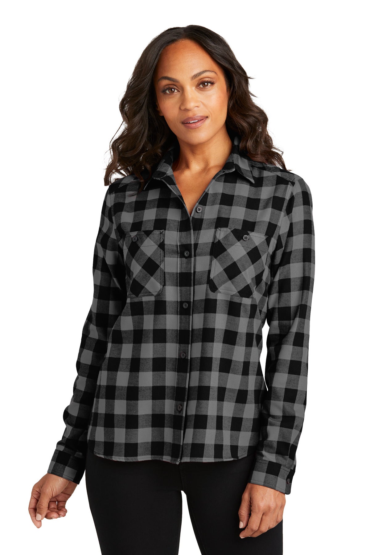 Custom Grey/ Black Buffalo Check Women's Plaid Flannel Shirt LW669, personalized by SanCanDo Swag in Argyle, TX