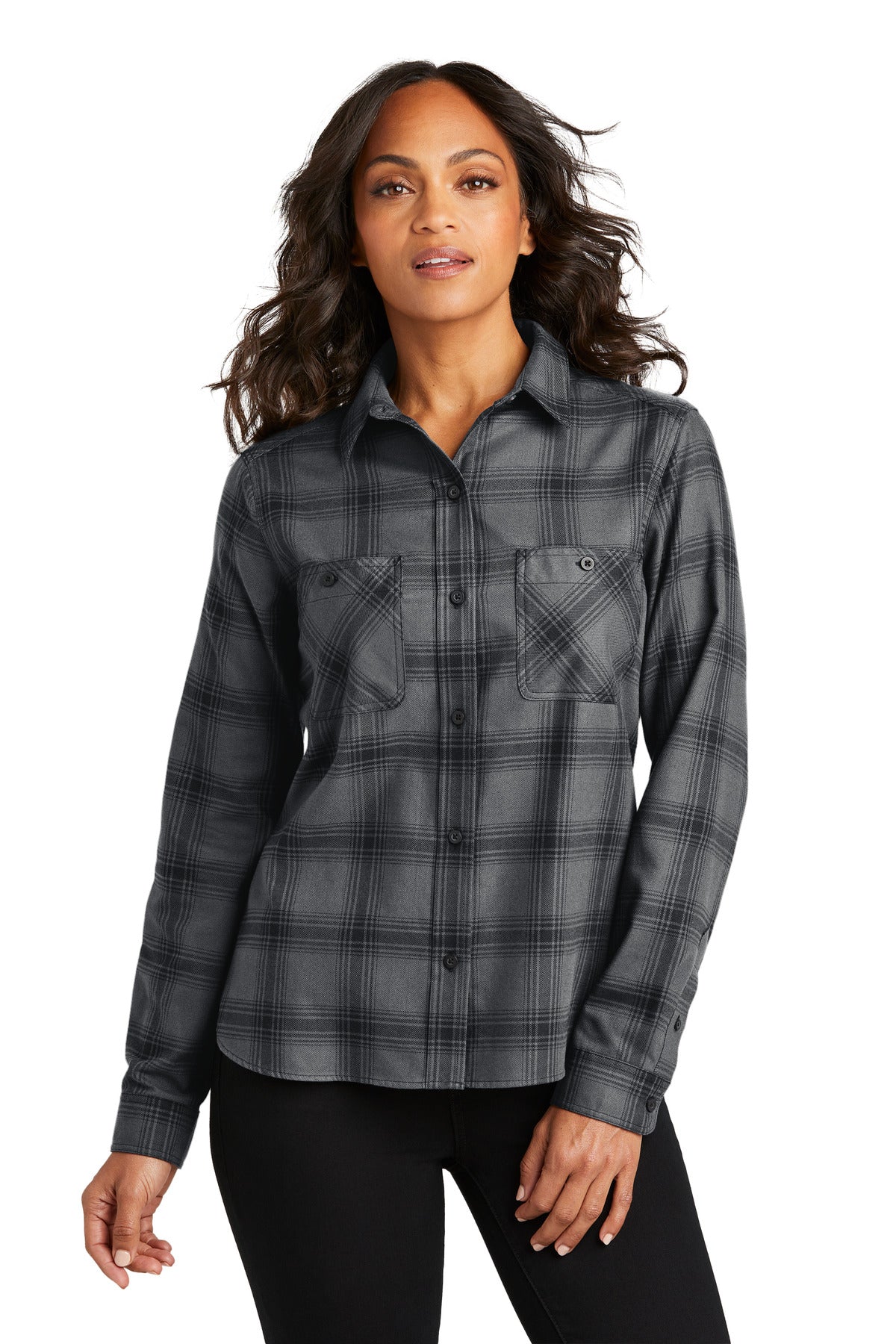 Custom Grey/ Black Open Plaid Women's Plaid Flannel Shirt LW669, personalized by SanCanDo Swag in Argyle, TX