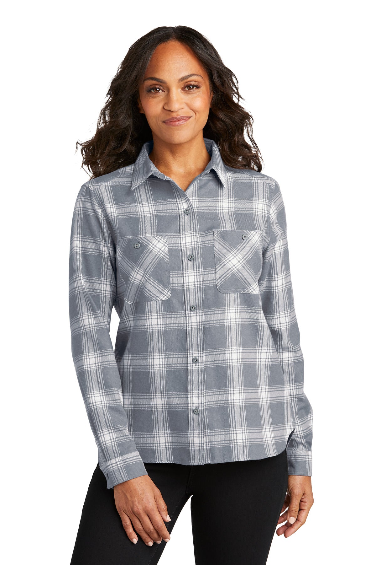 Custom Grey/ Cream Open Plaid Women's Plaid Flannel Shirt LW669, personalized by SanCanDo Swag in Argyle, TX
