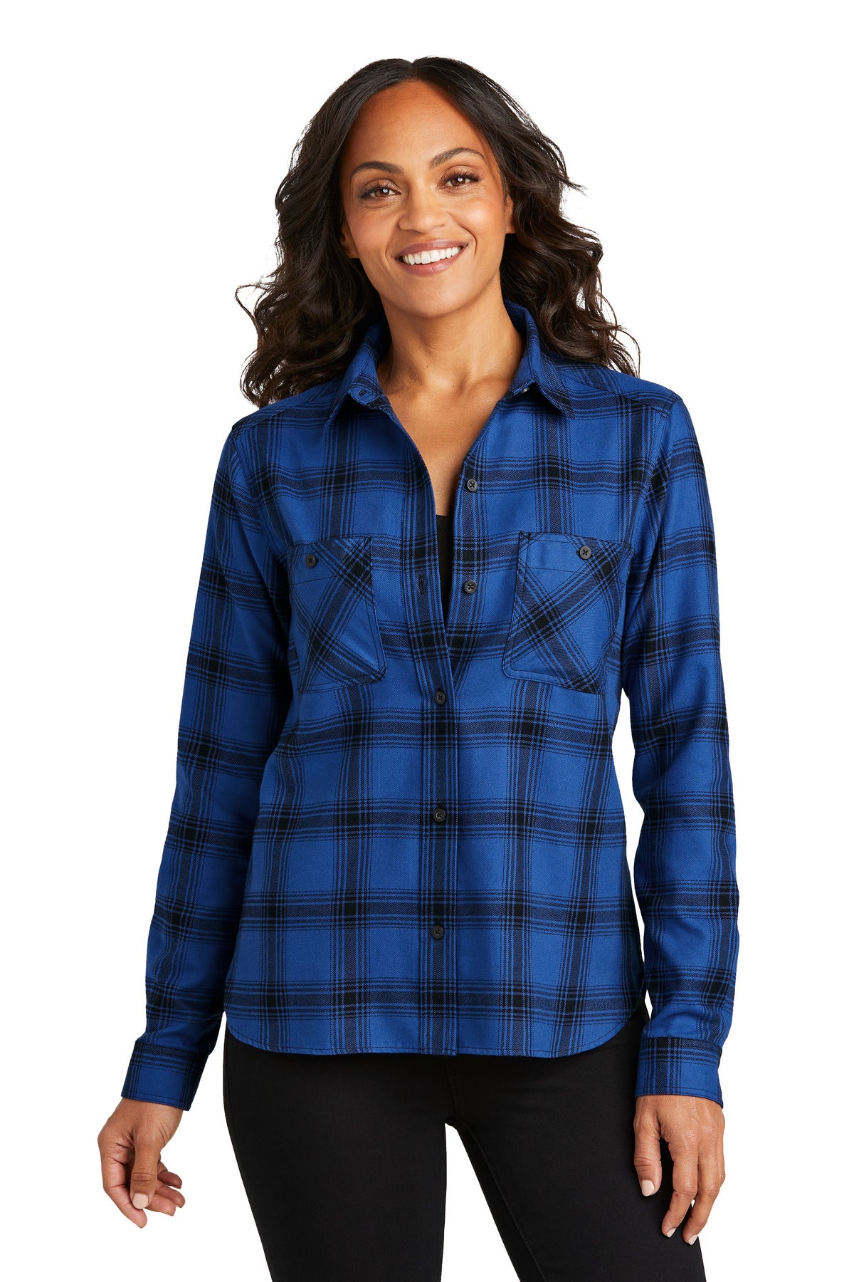 Custom Royal/ Black Open Plaid Women's Plaid Flannel Shirt LW669, personalized by SanCanDo Swag in Argyle, TX