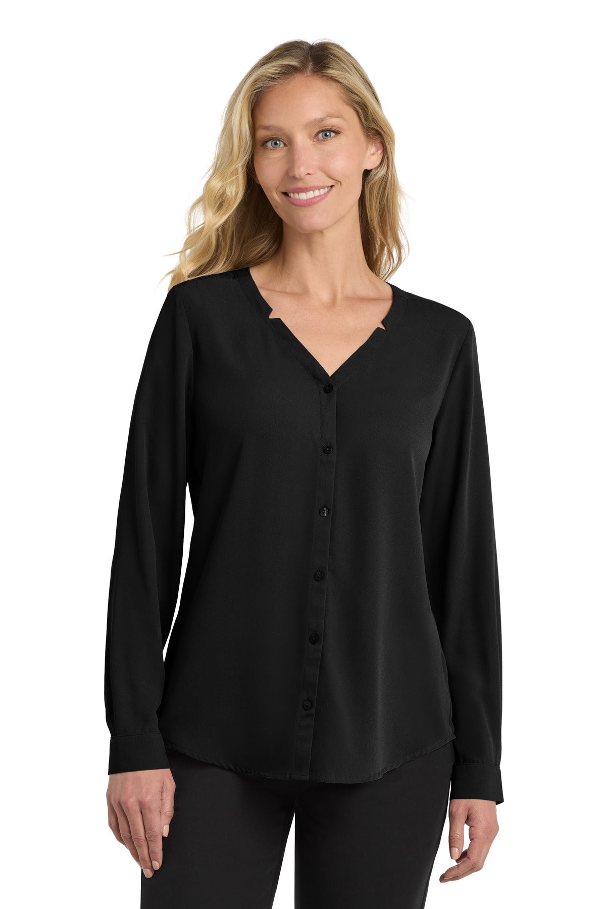 Custom Black Women's Long Sleeve Button-Front Blouse LW700, personalized by SanCanDo Swag in Argyle, TX