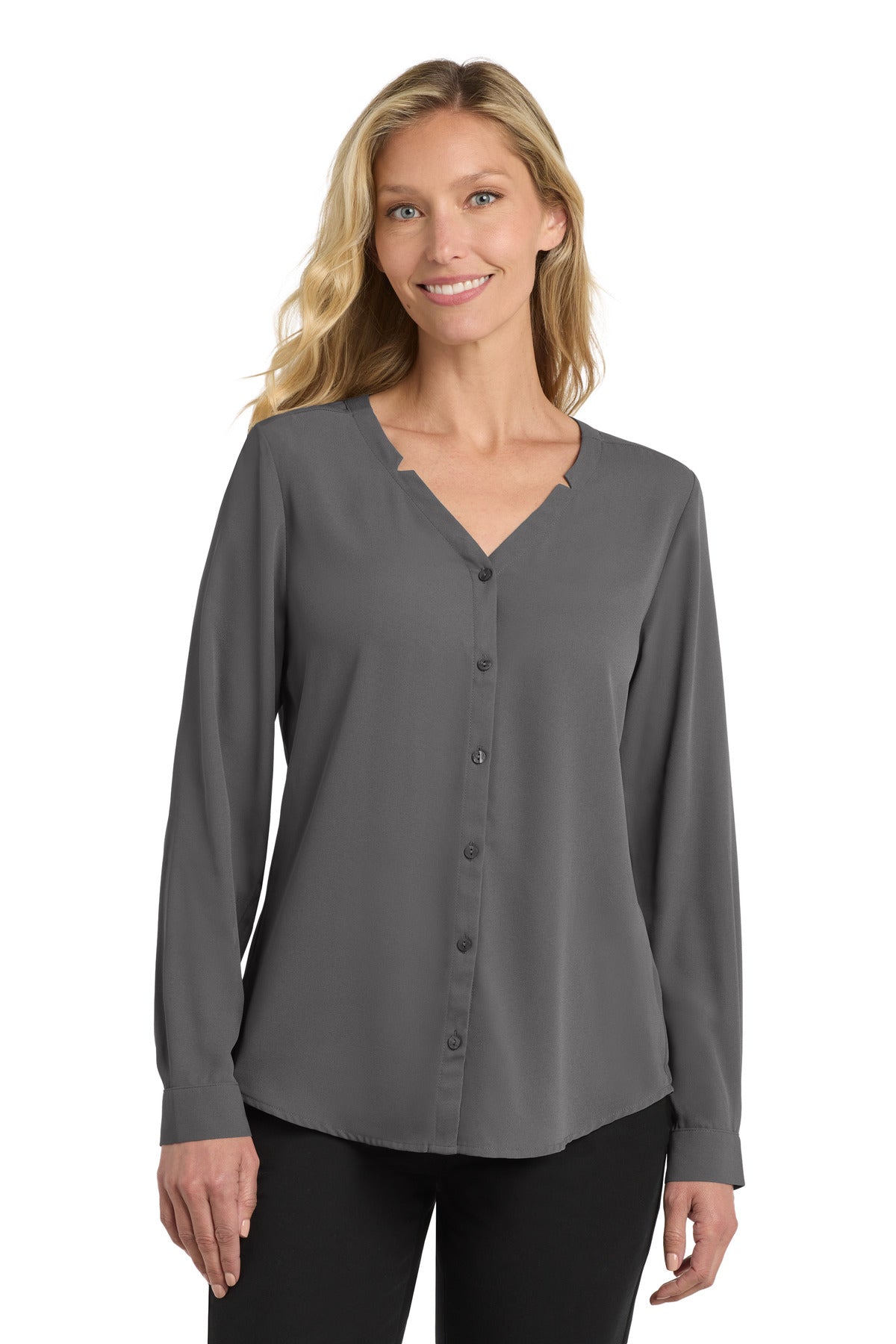 Custom Sterling Grey Women's Long Sleeve Button-Front Blouse LW700, personalized by SanCanDo Swag in Argyle, TX