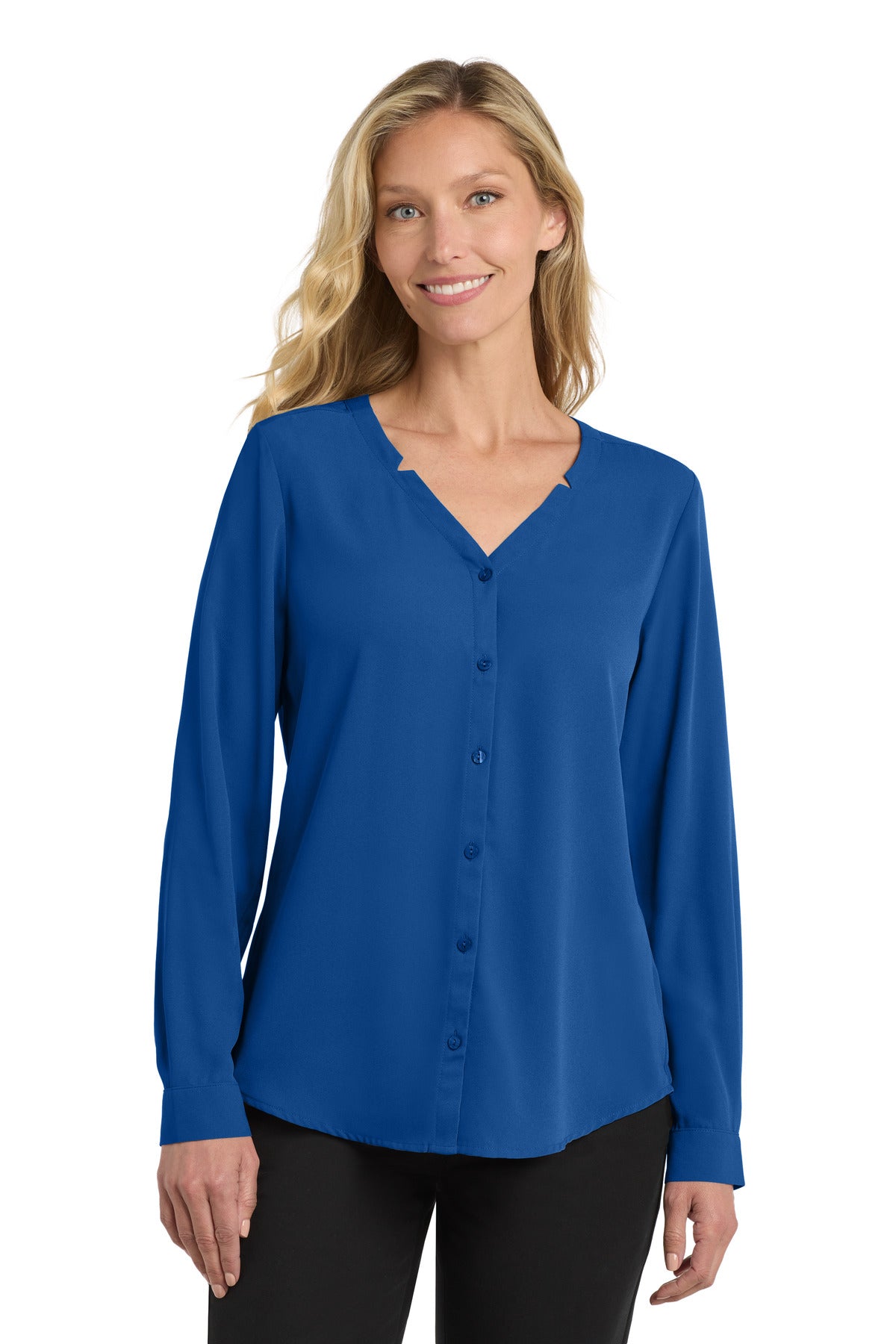 Custom True Blue Women's Long Sleeve Button-Front Blouse LW700, personalized by SanCanDo Swag in Argyle, TX