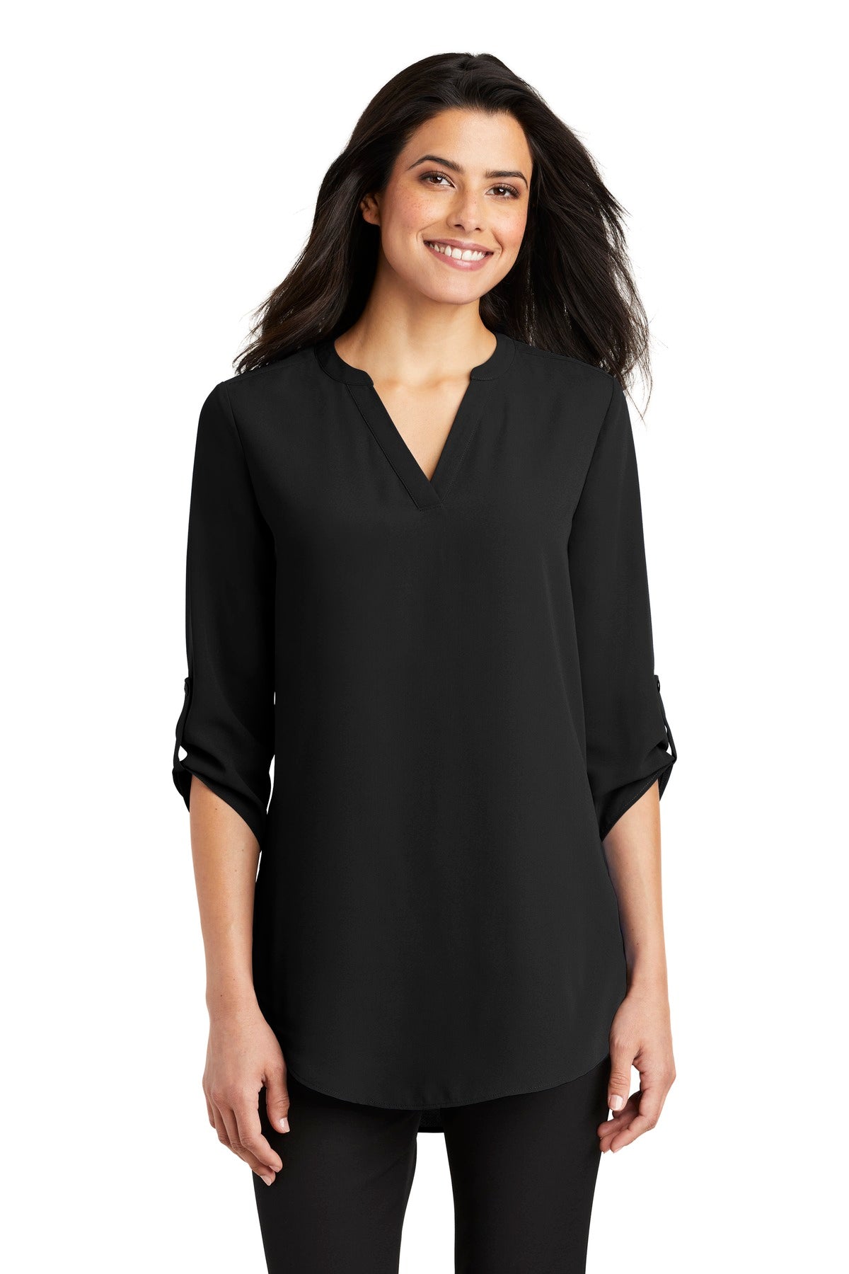 Custom Black Women's 3/4-Sleeve Tunic Blouse LW701, personalized by SanCanDo Swag in Argyle, TX