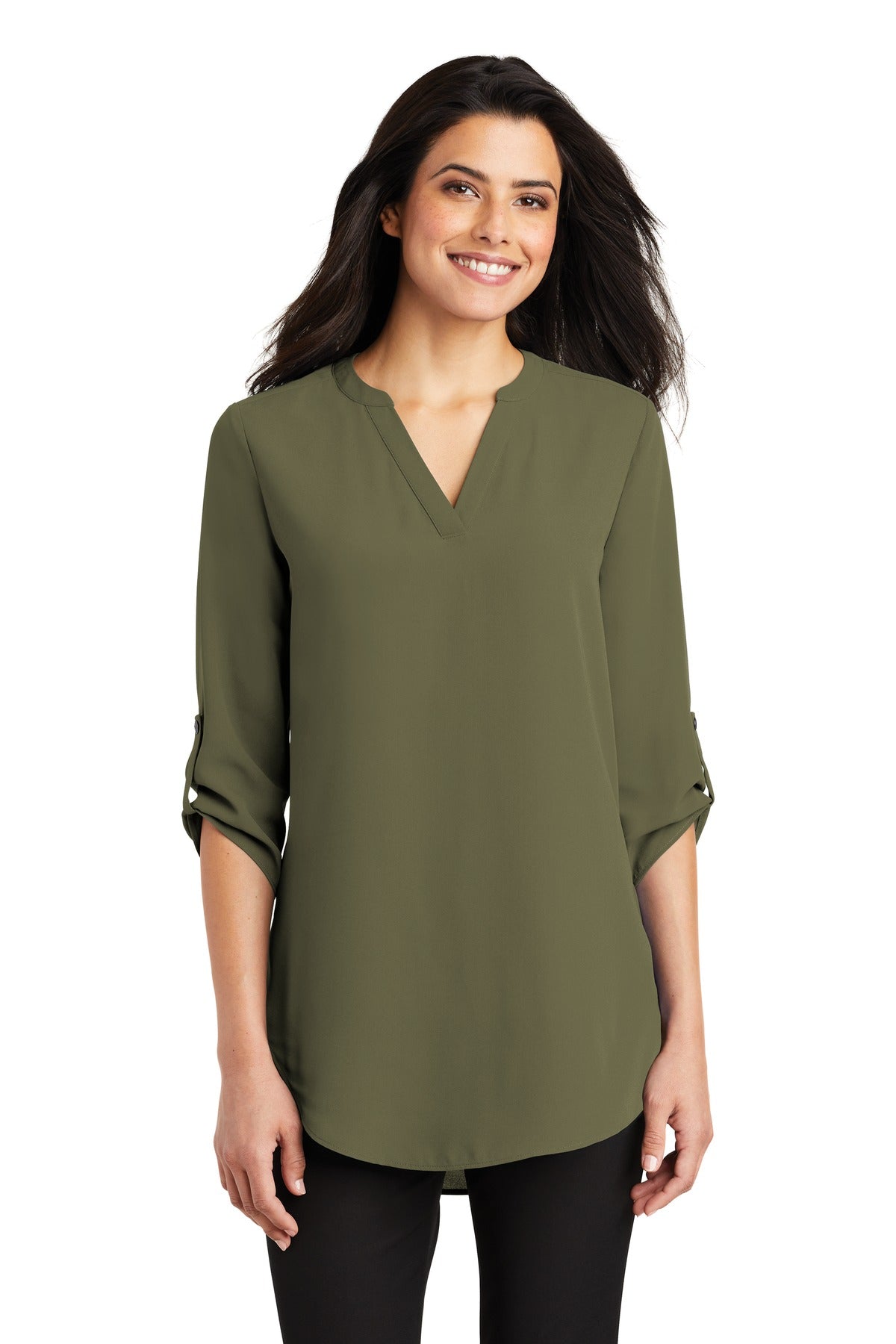 Custom Deep Olive Women's 3/4-Sleeve Tunic Blouse LW701, personalized by SanCanDo Swag in Argyle, TX
