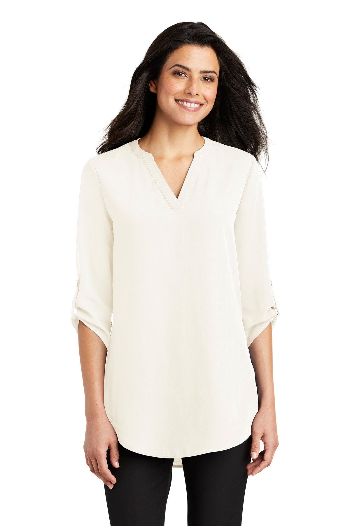 Custom Ivory Chiffon Women's 3/4-Sleeve Tunic Blouse LW701, personalized by SanCanDo Swag in Argyle, TX