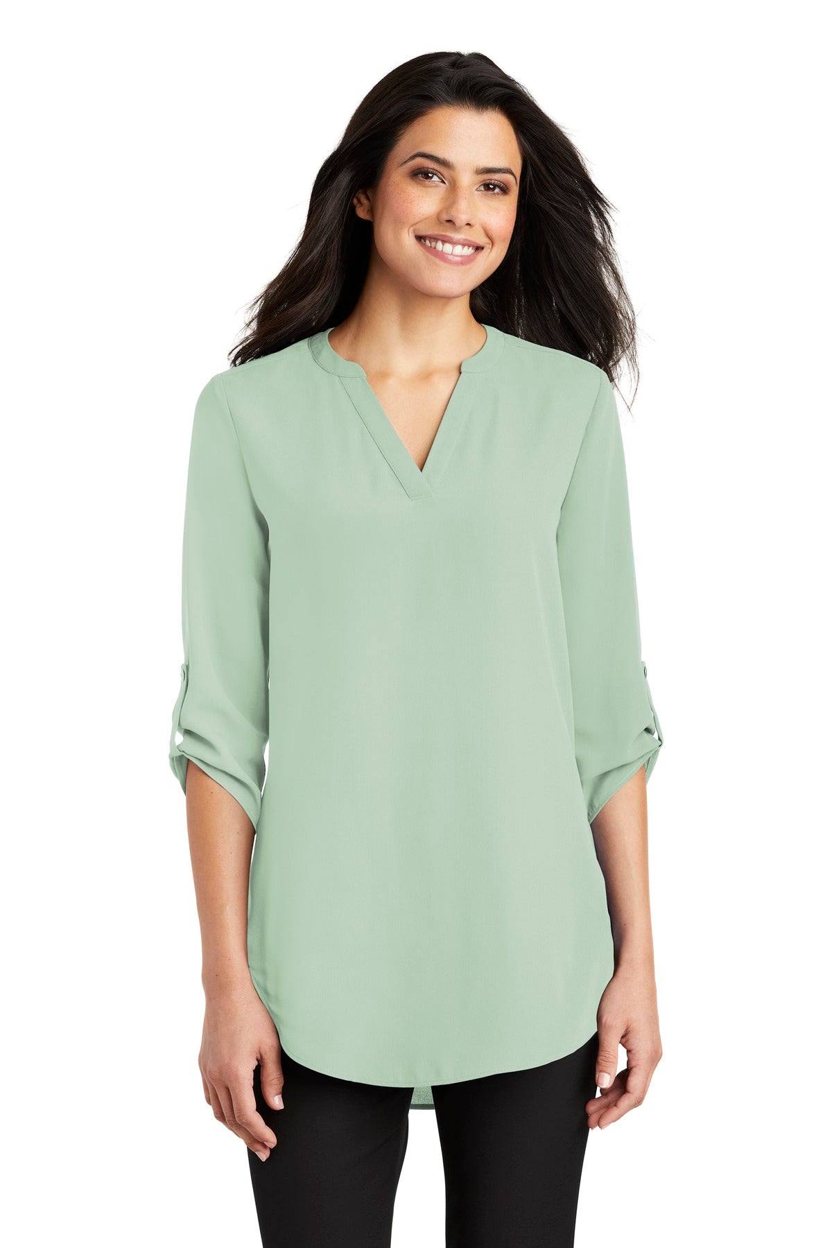 Custom Misty Sage Women's 3/4-Sleeve Tunic Blouse LW701, personalized by SanCanDo Swag in Argyle, TX