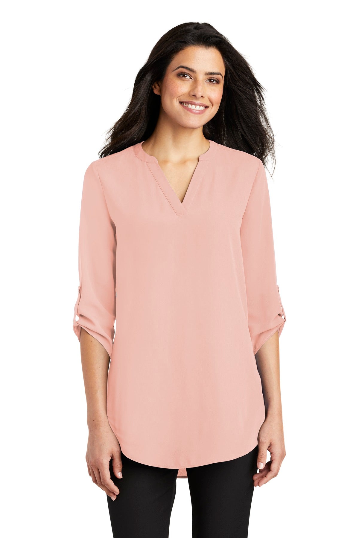 Custom Rose Quartz Women's 3/4-Sleeve Tunic Blouse LW701, personalized by SanCanDo Swag in Argyle, TX