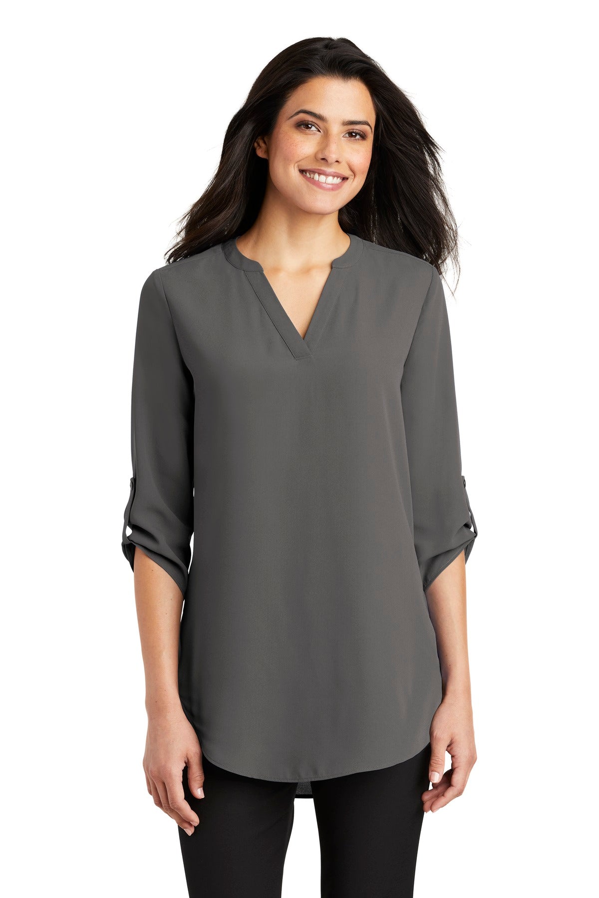 Custom Sterling Grey Women's 3/4-Sleeve Tunic Blouse LW701, personalized by SanCanDo Swag in Argyle, TX